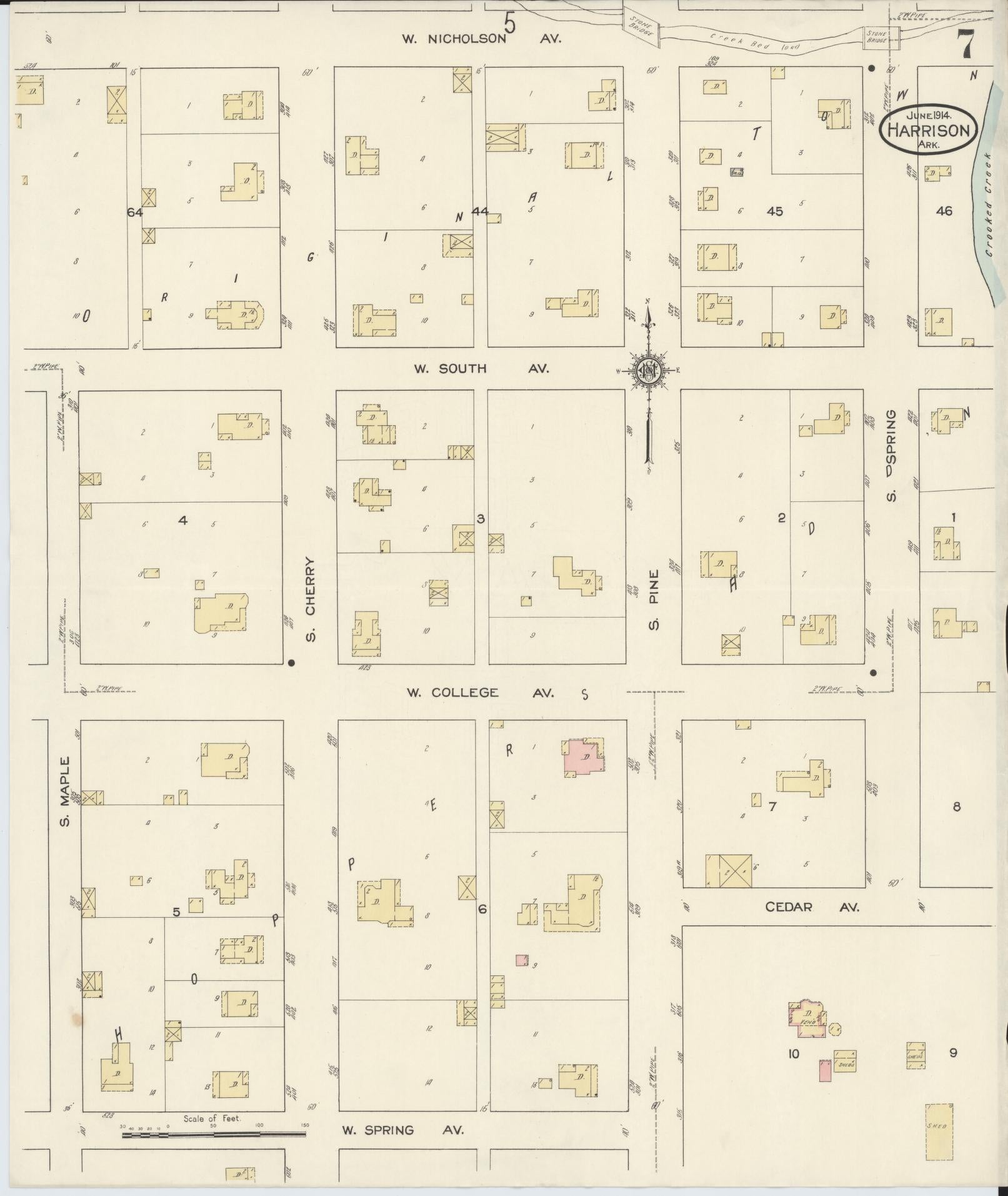 Sanborn Fire Insurance Map from Harrison, Boone County, Arkansas (1914), Sheet #0007 - Historic Sanborn Fire Insurance Map Print, vintage old map wall art, antique decor, genealogy gift, Arkansas Arkansas map