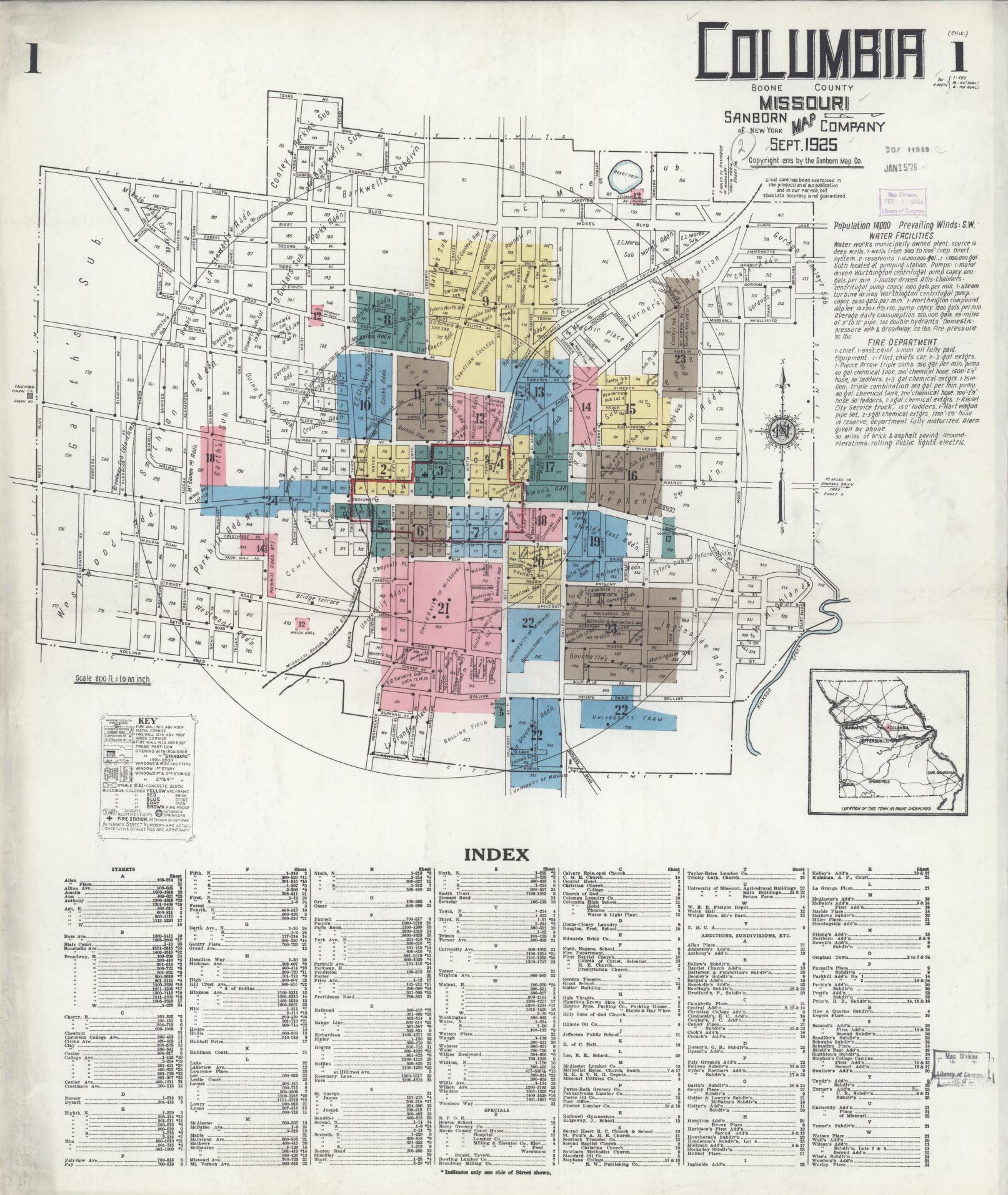 Sanborn Fire Insurance Map from Columbia, Boone County, Missouri. (1925) – Historic Sanborn Fire Insurance Map Print