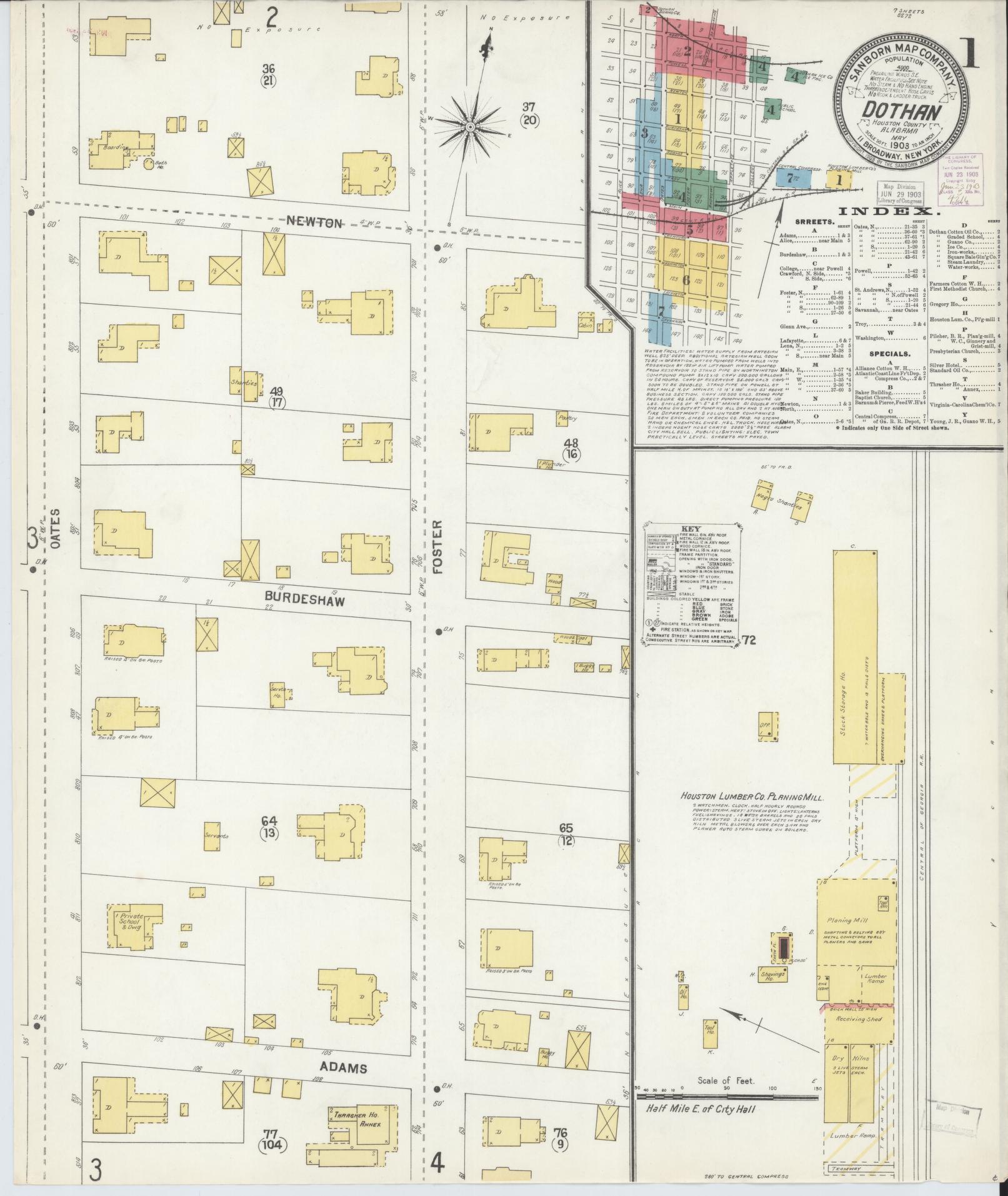 Sanborn Fire Insurance Map from Dothan, Houston County, Alabama (1903), Sheet #0001 - Complete Map Set gallery image, historic Sanborn map, vintage wall art, Alabama Alabama