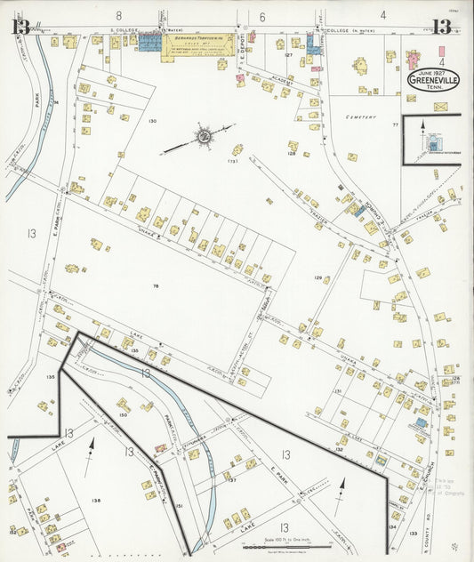 Sanborn Fire Insurance Map from Greeneville, Greene County, Tennessee (1927), Sheet #0013 - Historic Sanborn Fire Insurance Map Print, vintage old map wall art, antique decor, genealogy gift, Tennessee Tennessee map