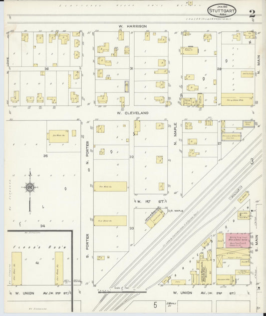 Sanborn Fire Insurance Map from Stuttgart, Arkansas County, Arkansas (1913), Sheet #0002 - Historic Sanborn Fire Insurance Map Print, vintage old map wall art, antique decor, genealogy gift, Stuttgart Arkansas map