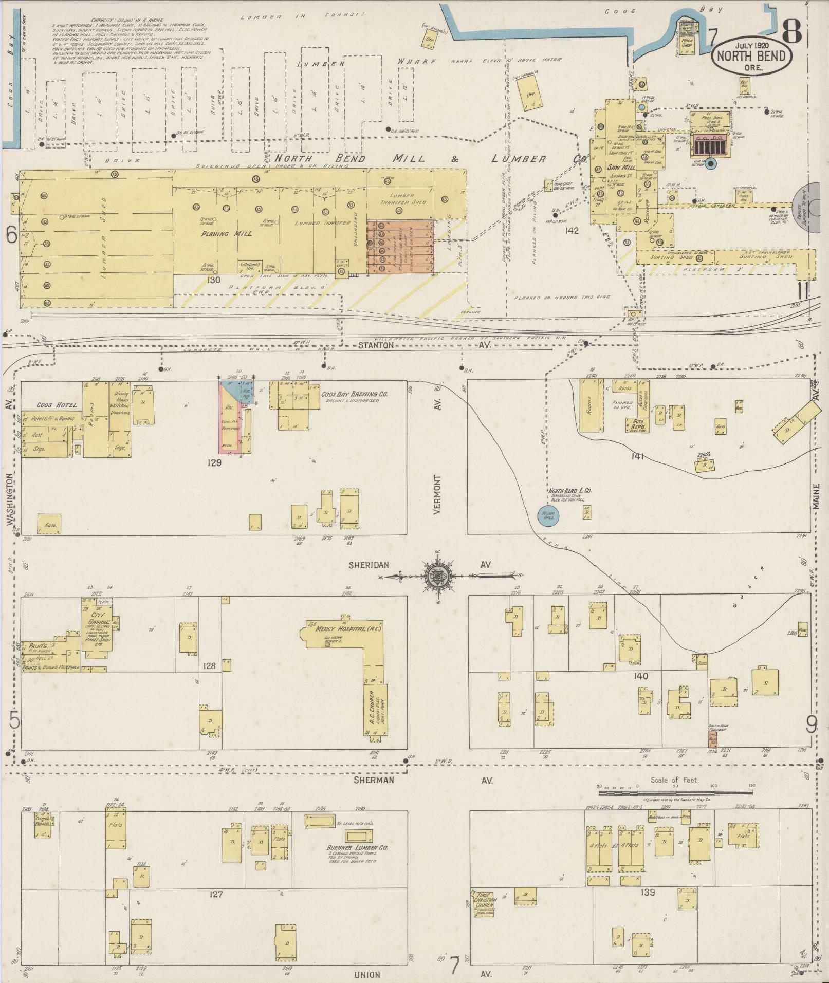 Sanborn Fire Insurance Map from North Bend, Coos County, Oregon (1920), Sheet #0008 - Historic Sanborn Fire Insurance Map Print, vintage old map wall art, antique decor, genealogy gift, Oregon Oregon map