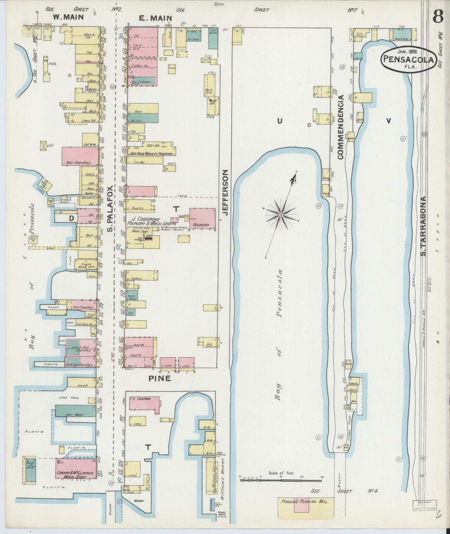 Sanborn Fire Insurance Map from Pensacola, Escambia County, Florida (1892), Sheet #0008 - Complete Map Set gallery image, historic Sanborn map, vintage wall art, Florida Florida