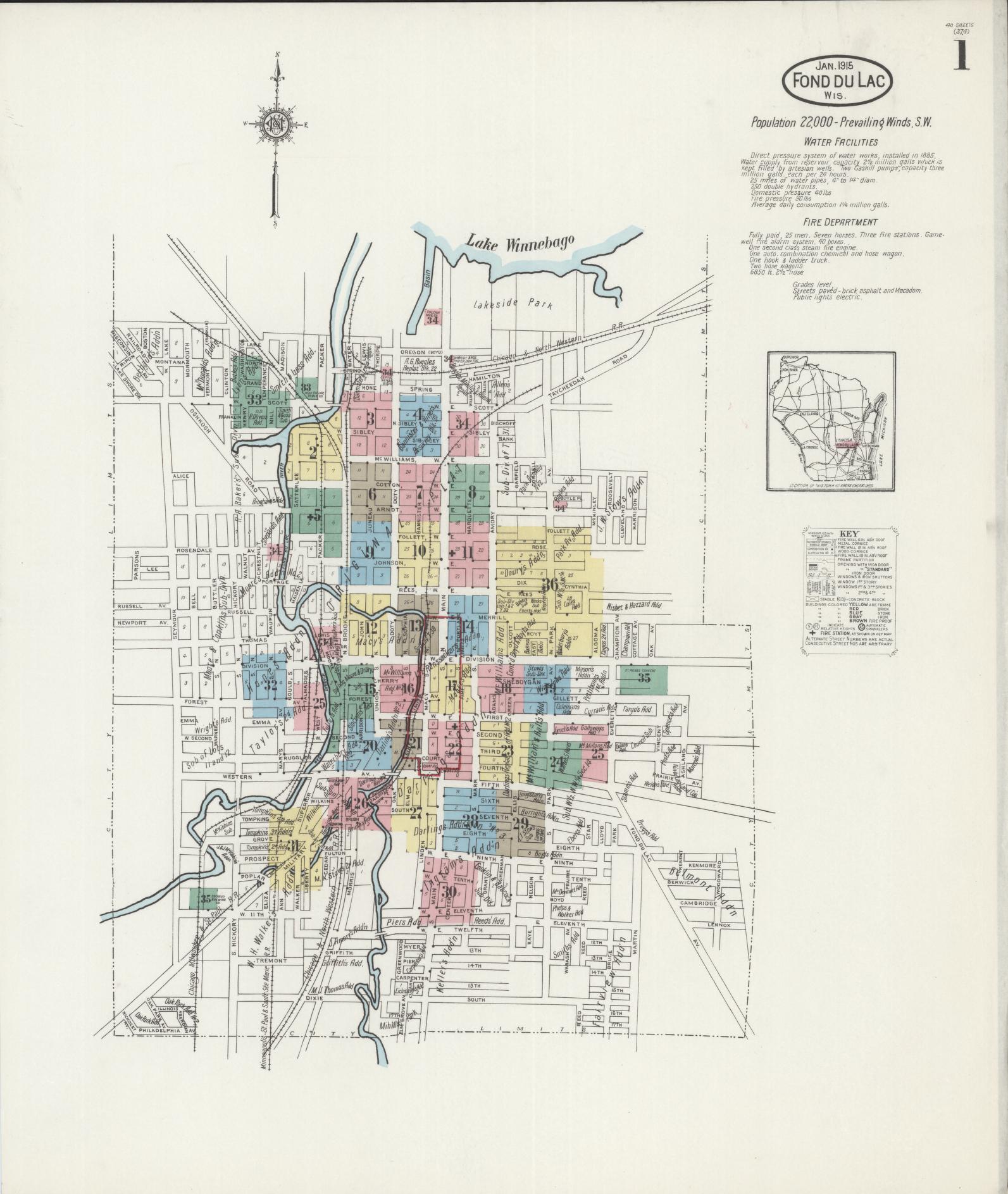Sanborn Fire Insurance Map from Fond du Lac, Fond du Lac County, Wisconsin (1915), Sheet #0001 - Complete Map Set gallery image, historic Sanborn map, vintage wall art, Wisconsin Wisconsin