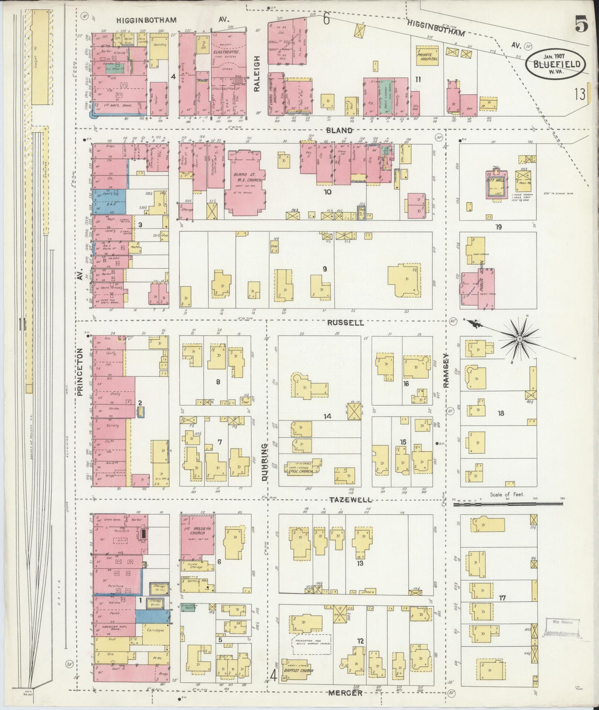 Sanborn Fire Insurance Map from Bluefield, Mercer County, West Virginia (1907), Sheet #0005 - Historic Sanborn Fire Insurance Map Print, vintage old map wall art, antique decor, genealogy gift, West Virginia West Virginia map