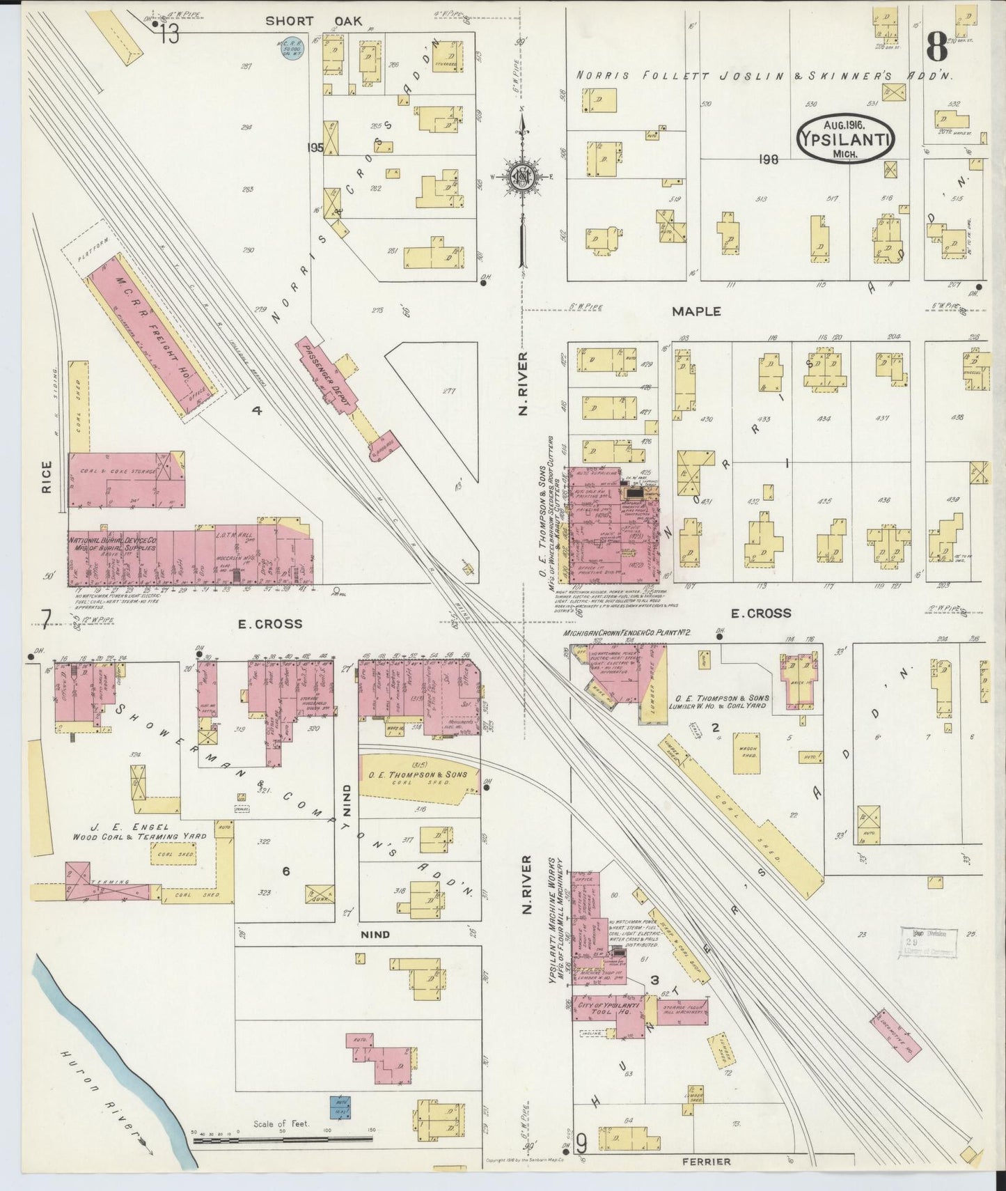 Sanborn Fire Insurance Map from Ypsilanti, Washtenaw County, Michigan (1916), Sheet #0008 - Historic Sanborn Fire Insurance Map Print, vintage old map wall art, antique decor, genealogy gift, Michigan Michigan map