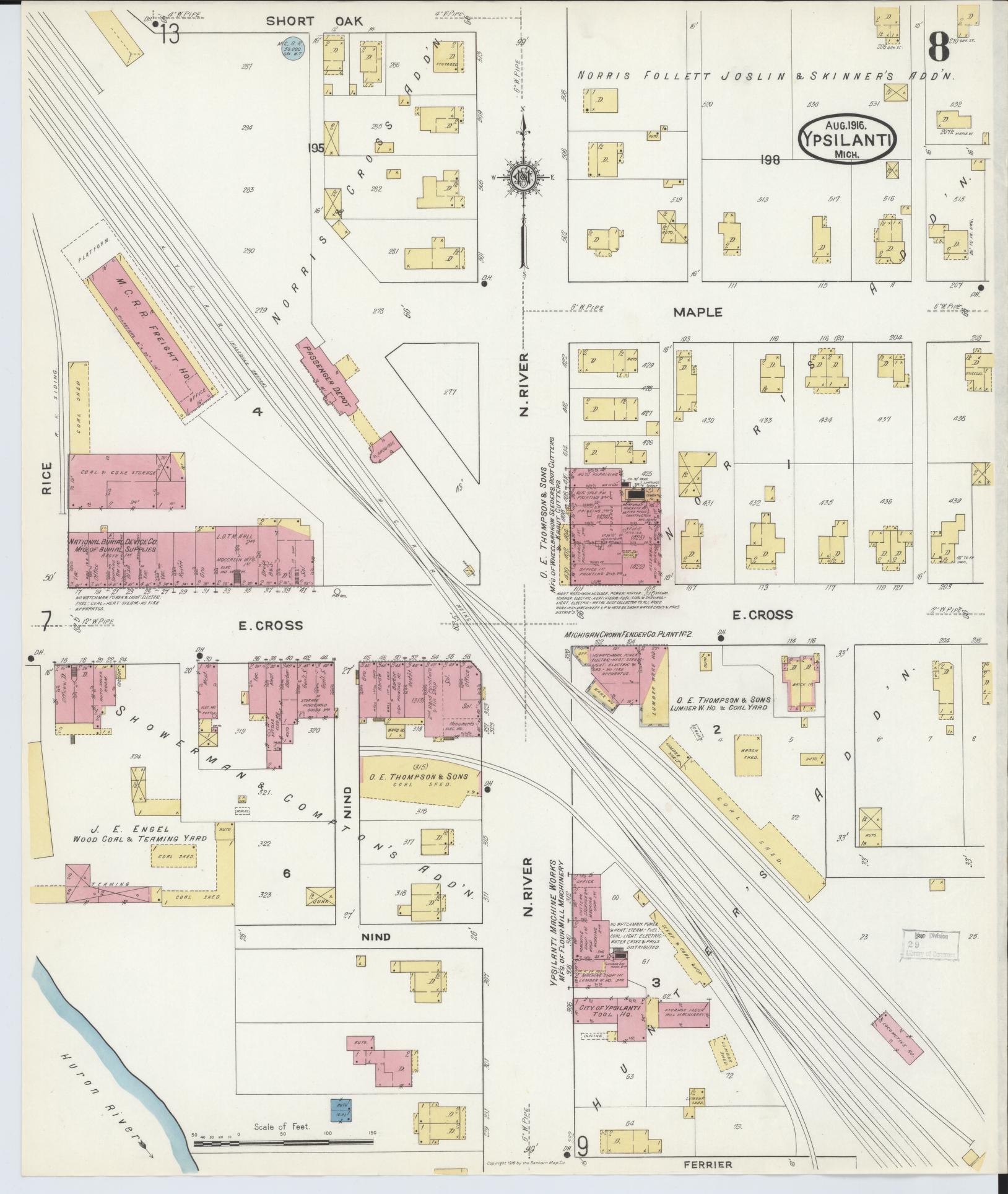 Sanborn Fire Insurance Map from Ypsilanti, Washtenaw County, Michigan (1916), Sheet #0008 - Historic Sanborn Fire Insurance Map Print, vintage old map wall art, antique decor, genealogy gift, Michigan Michigan map