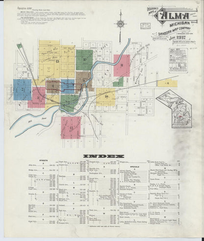 Sanborn Fire Insurance Map from Alma, Gratiot County, Michigan (1917), Sheet #0001 - Historic Sanborn Fire Insurance Map Print, vintage old map wall art, antique decor, genealogy gift, Michigan Michigan map