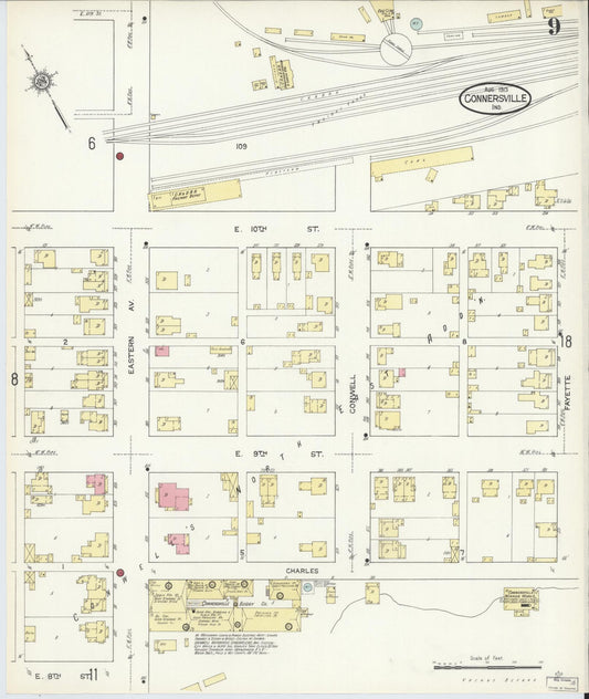 Sanborn Fire Insurance Map from Connersville, Fayette County, Indiana (1913), Sheet #0009 - Historic Sanborn Fire Insurance Map Print, vintage old map wall art, antique decor, genealogy gift, Indiana Indiana map
