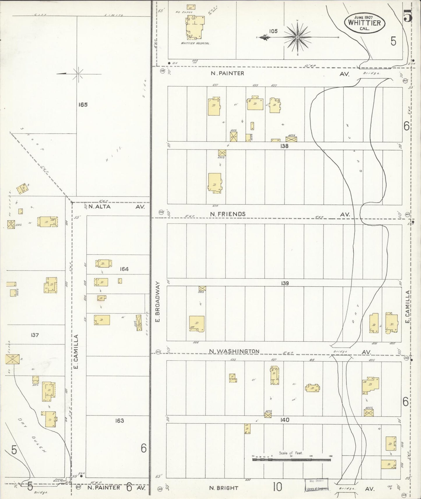 Sanborn Fire Insurance Map from Whittier, Los Angeles County, California (1907), Sheet #0005 - Complete Map Set gallery image, historic Sanborn map, vintage wall art, California California