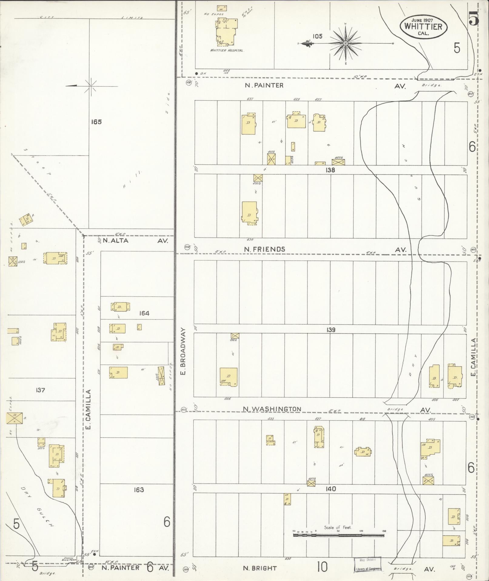 Sanborn Fire Insurance Map from Whittier, Los Angeles County, California (1907), Sheet #0005 - Complete Map Set gallery image, historic Sanborn map, vintage wall art, California California