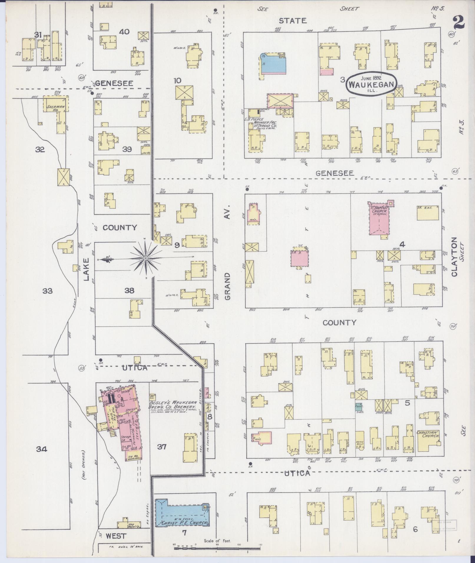 Sanborn Fire Insurance Map from Waukegan, Lake County, Illinois (1892), Sheet #0002 - Complete Map Set gallery image, historic Sanborn map, vintage wall art, Illinois Illinois