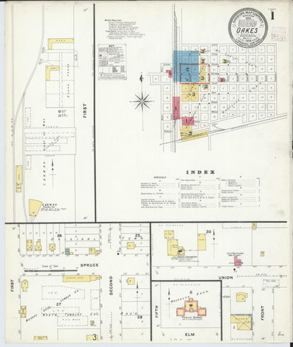 Sanborn Fire Insurance Map from Oakes, Dickey County, North Dakota (1908), Sheet #0001 - Complete Map Set gallery image, historic Sanborn map, vintage wall art, North Dakota North Dakota