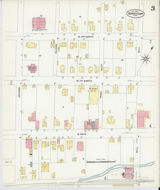 Sanborn Fire Insurance Map from Morristown, Hamblen County, Tennessee (1908), Sheet #0003 - Historic Sanborn Fire Insurance Map Print, vintage old map wall art, antique decor, genealogy gift, Tennessee Tennessee map