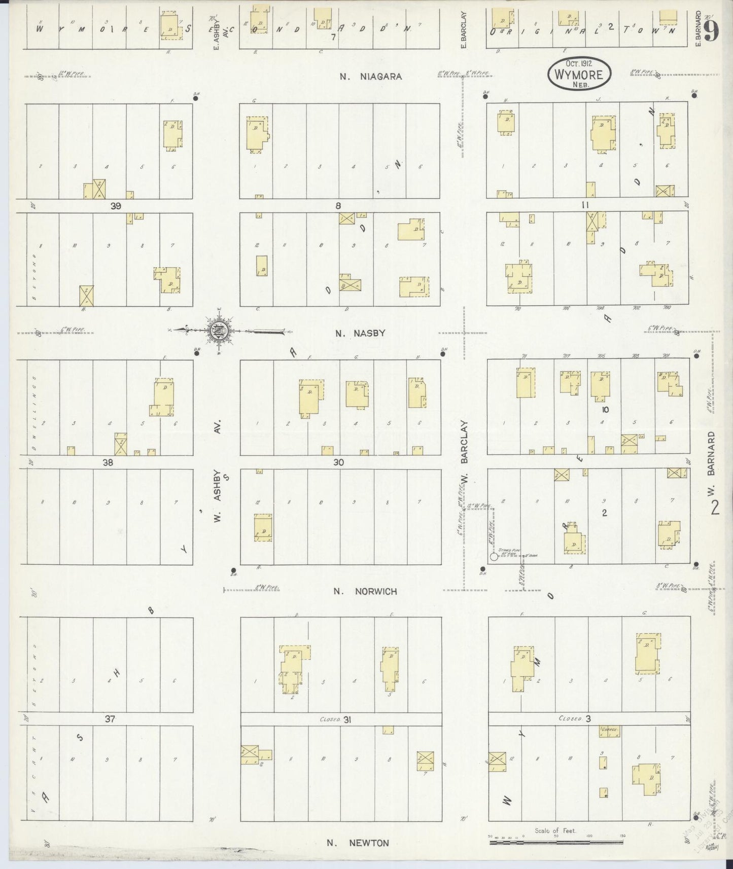 Sanborn Fire Insurance Map from Wymore, Gage County, Nebraska (1912), Sheet #0009 - Historic Sanborn Fire Insurance Map Print, vintage old map wall art, antique decor, genealogy gift, Nebraska Nebraska map
