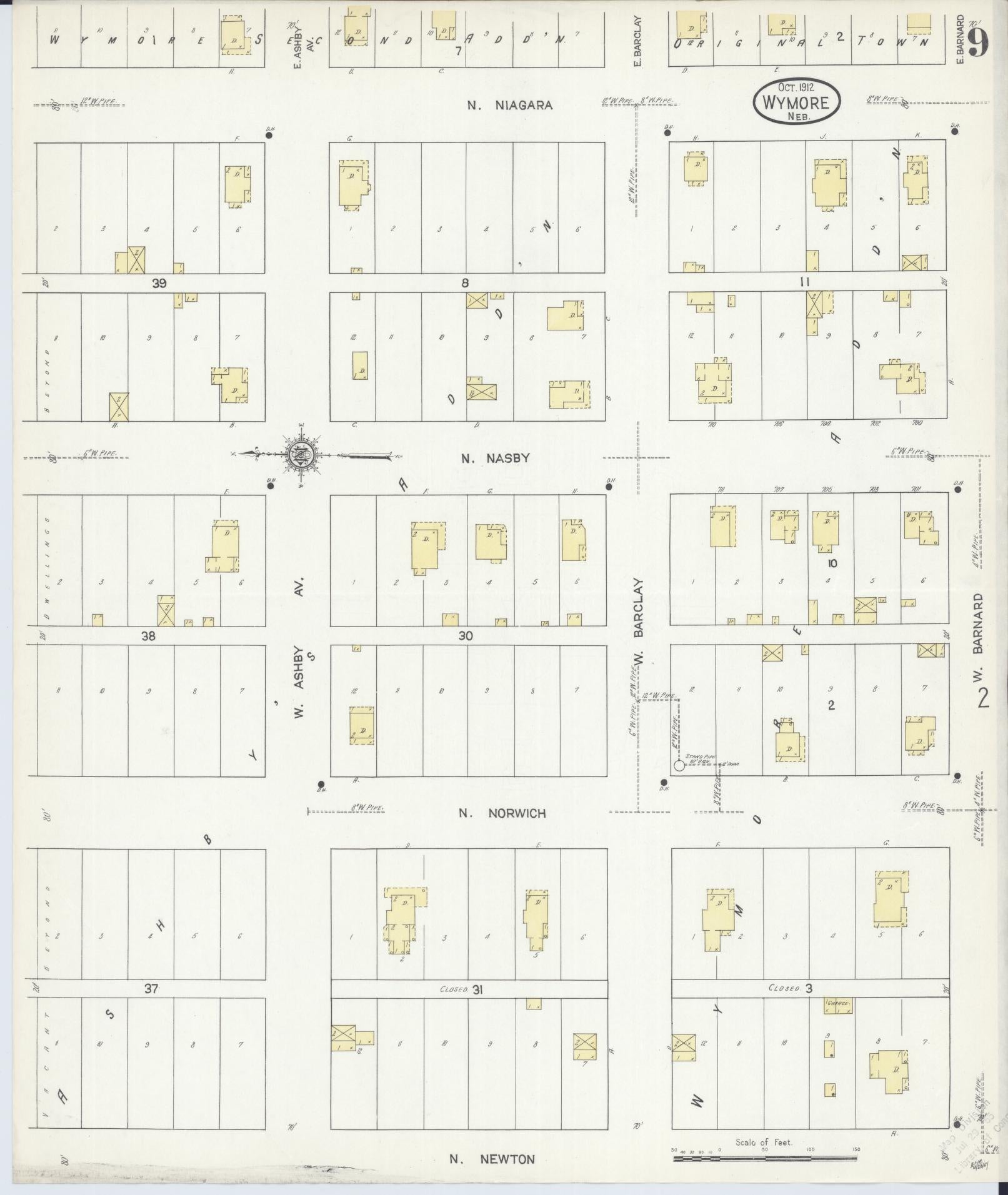 Sanborn Fire Insurance Map from Wymore, Gage County, Nebraska (1912), Sheet #0009 - Historic Sanborn Fire Insurance Map Print, vintage old map wall art, antique decor, genealogy gift, Nebraska Nebraska map