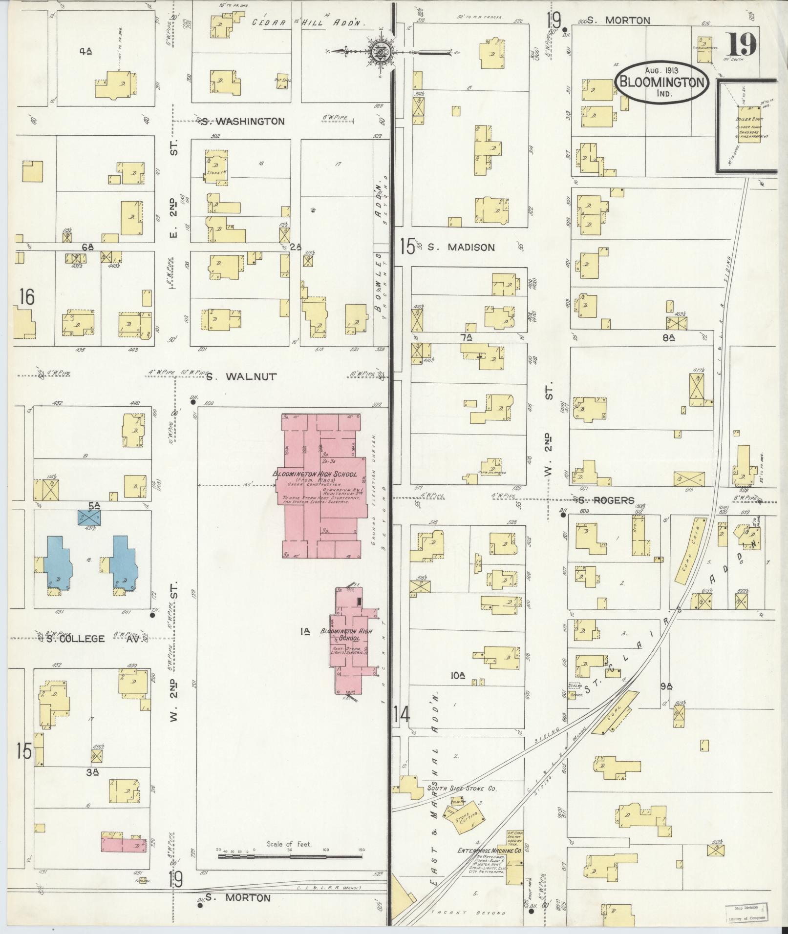 Sanborn Fire Insurance Map from Bloomington, Monroe County, Indiana (1913), Sheet #0019 - Complete Map Set gallery image, historic Sanborn map, vintage wall art, Indiana Indiana