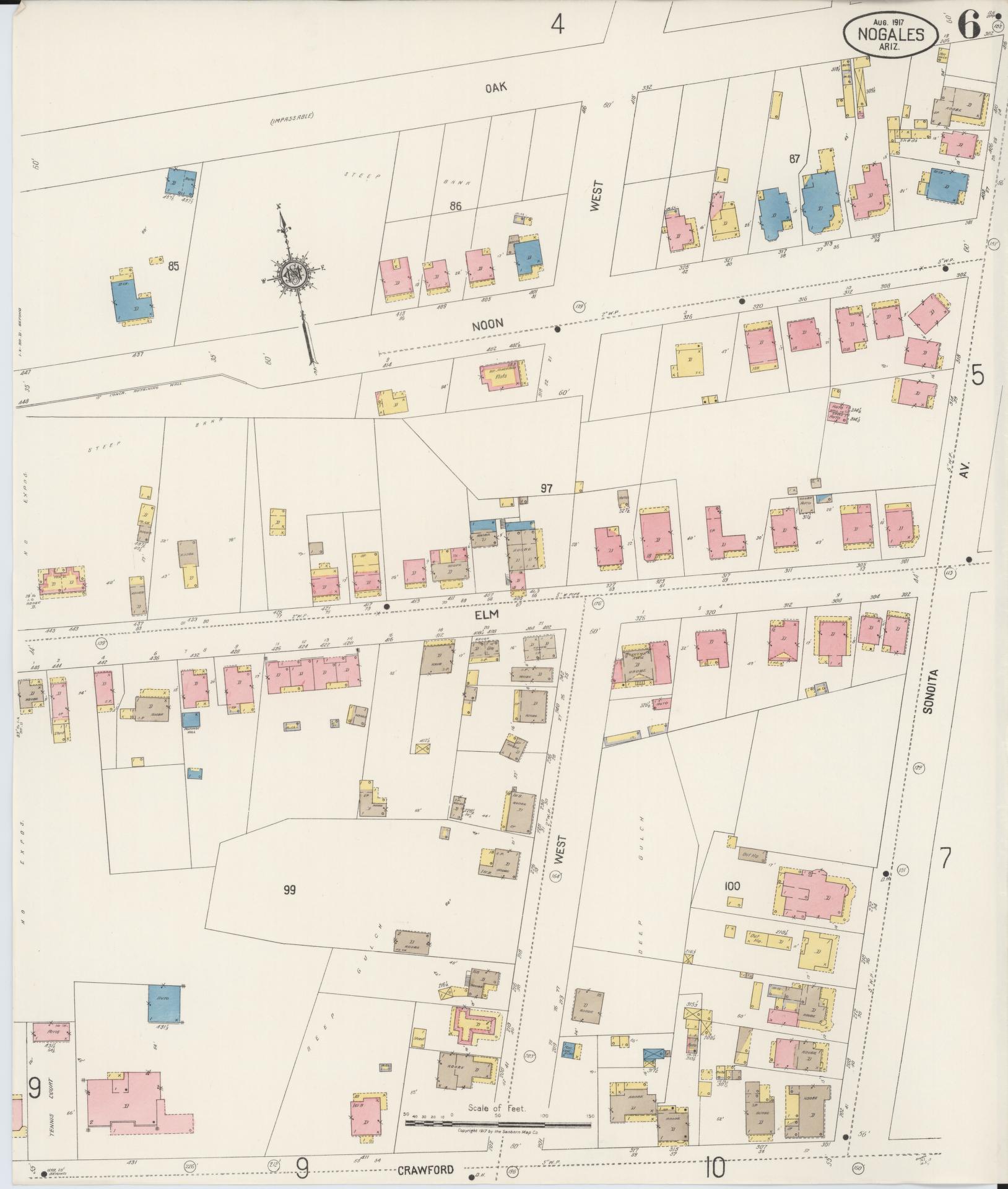 Sanborn Fire Insurance Map from Nogales, Santa Cruz County, Arizona (1917), Sheet #0006 - Historic Sanborn Fire Insurance Map Print, vintage old map wall art, antique decor, genealogy gift, Arizona Arizona map