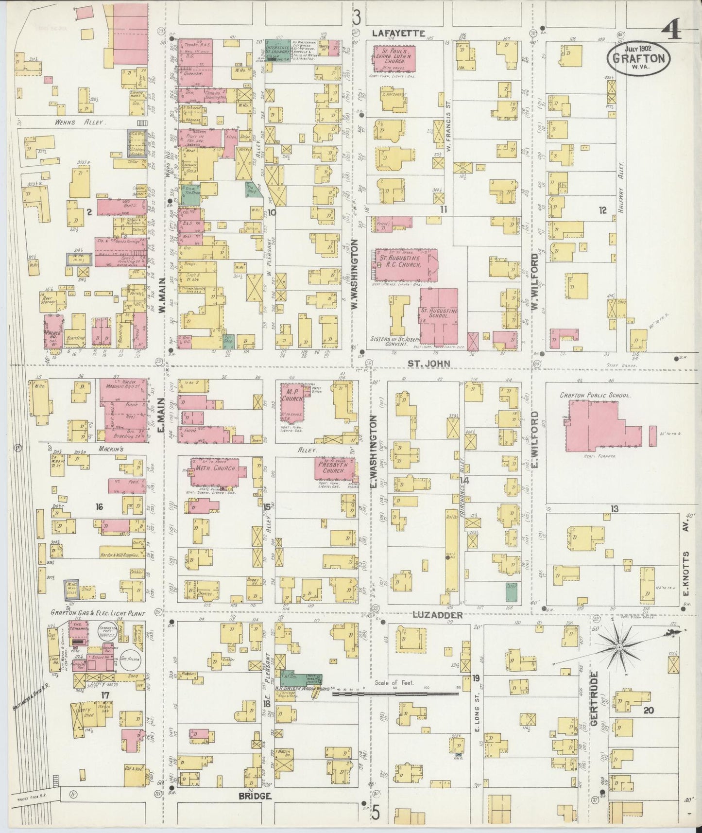 Sanborn Fire Insurance Map from Grafton, Taylor County, West Virginia (1902), Sheet #0004 - Historic Sanborn Fire Insurance Map Print, vintage old map wall art, antique decor, genealogy gift, West Virginia West Virginia map