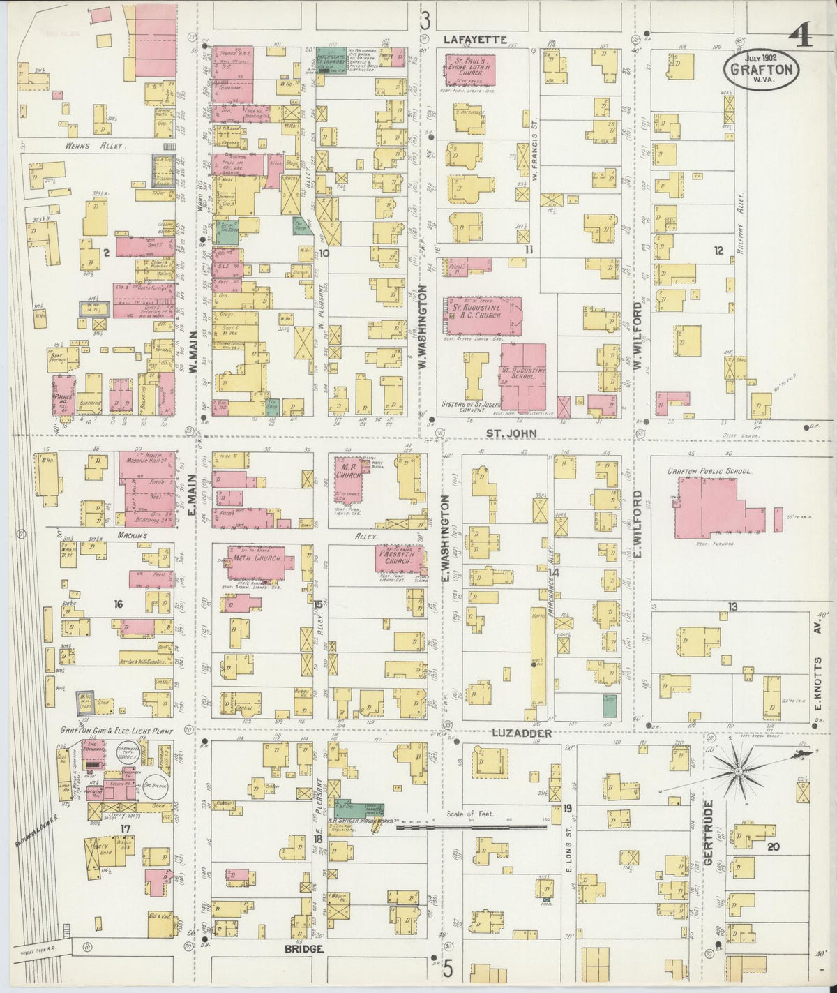 Sanborn Fire Insurance Map from Grafton, Taylor County, West Virginia (1902), Sheet #0004 - Historic Sanborn Fire Insurance Map Print, vintage old map wall art, antique decor, genealogy gift, West Virginia West Virginia map