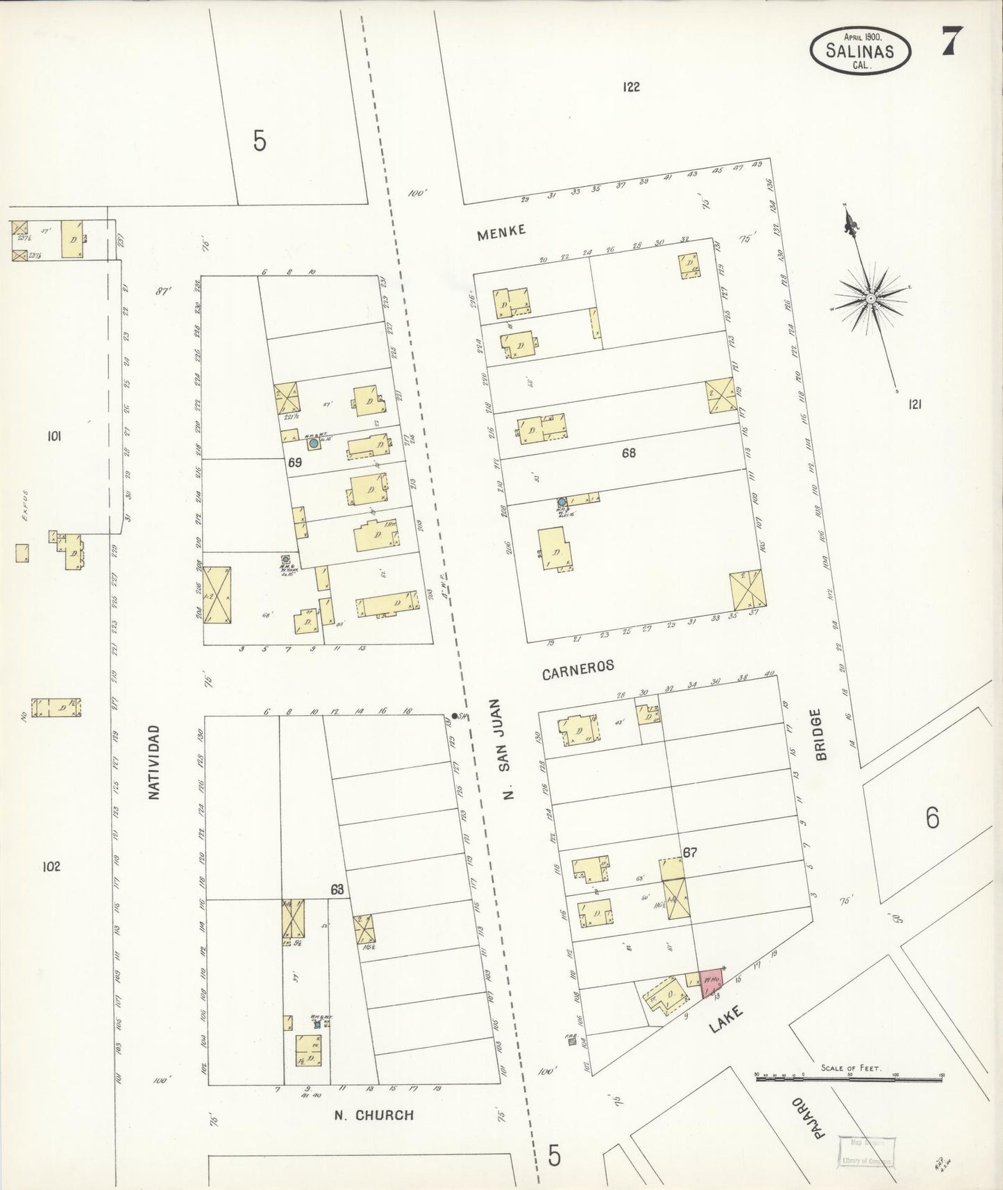 Sanborn Fire Insurance Map from Salinas, Monterey County, California (1900), Sheet #0007 - Complete Map Set gallery image, historic Sanborn map, vintage wall art, California California