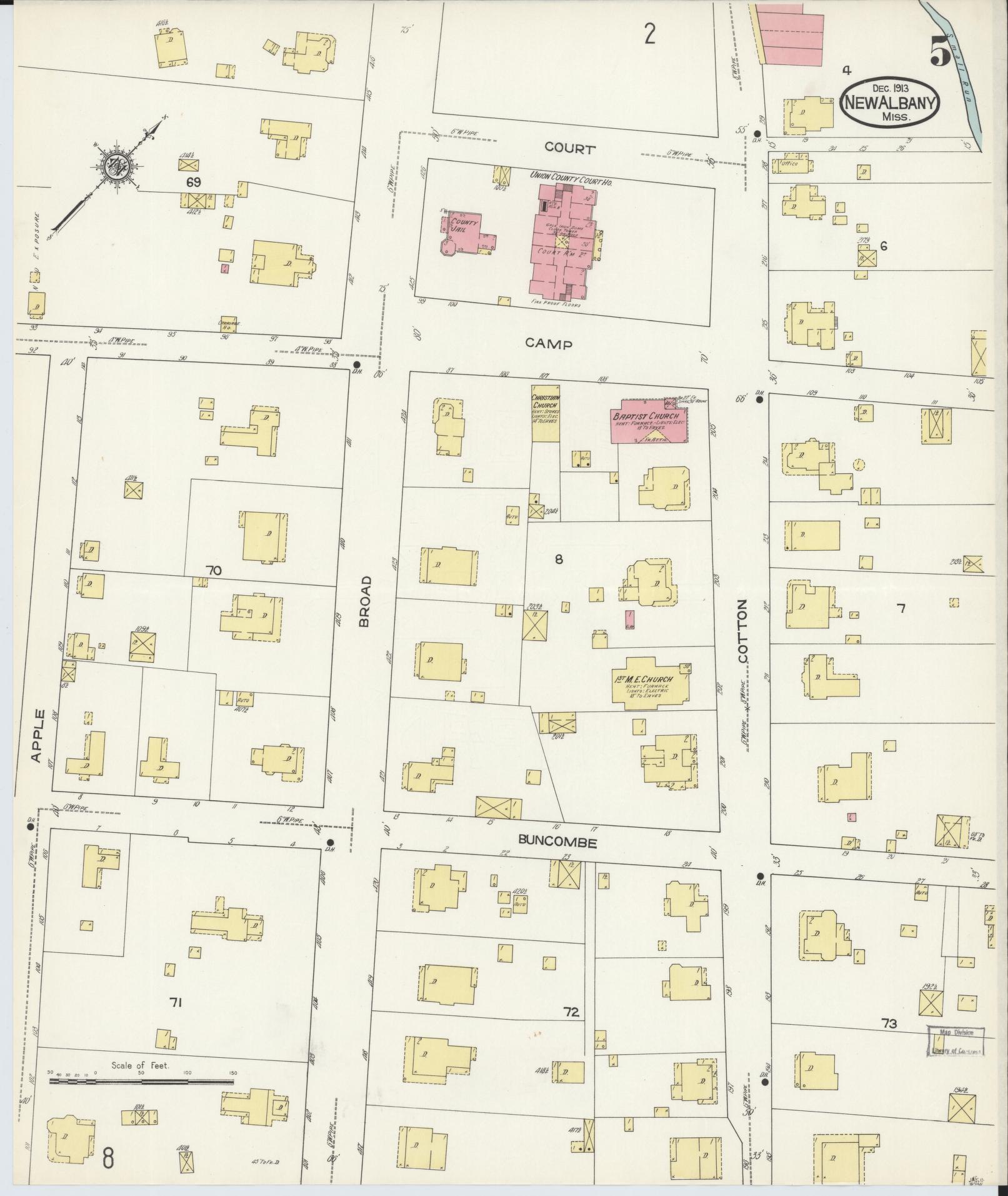 Sanborn Fire Insurance Map from New Albany, Union County, Mississippi (1913), Sheet #0005 - Historic Sanborn Fire Insurance Map Print, vintage old map wall art, antique decor, genealogy gift, Mississippi Mississippi map