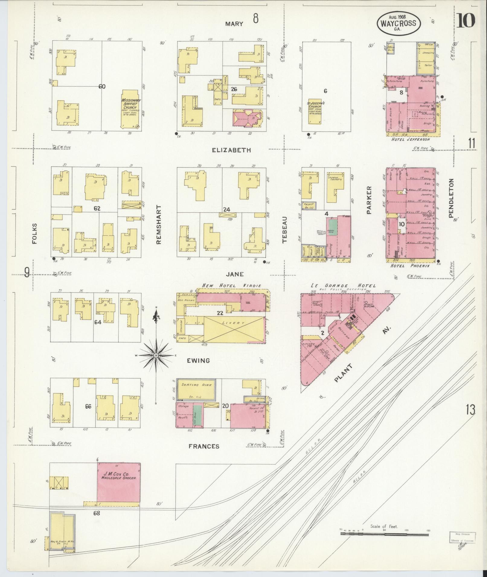 Sanborn Fire Insurance Map from Waycross, Ware County, Georgia (1908), Sheet #0010 - Complete Map Set gallery image, historic Sanborn map, vintage wall art, Georgia Georgia