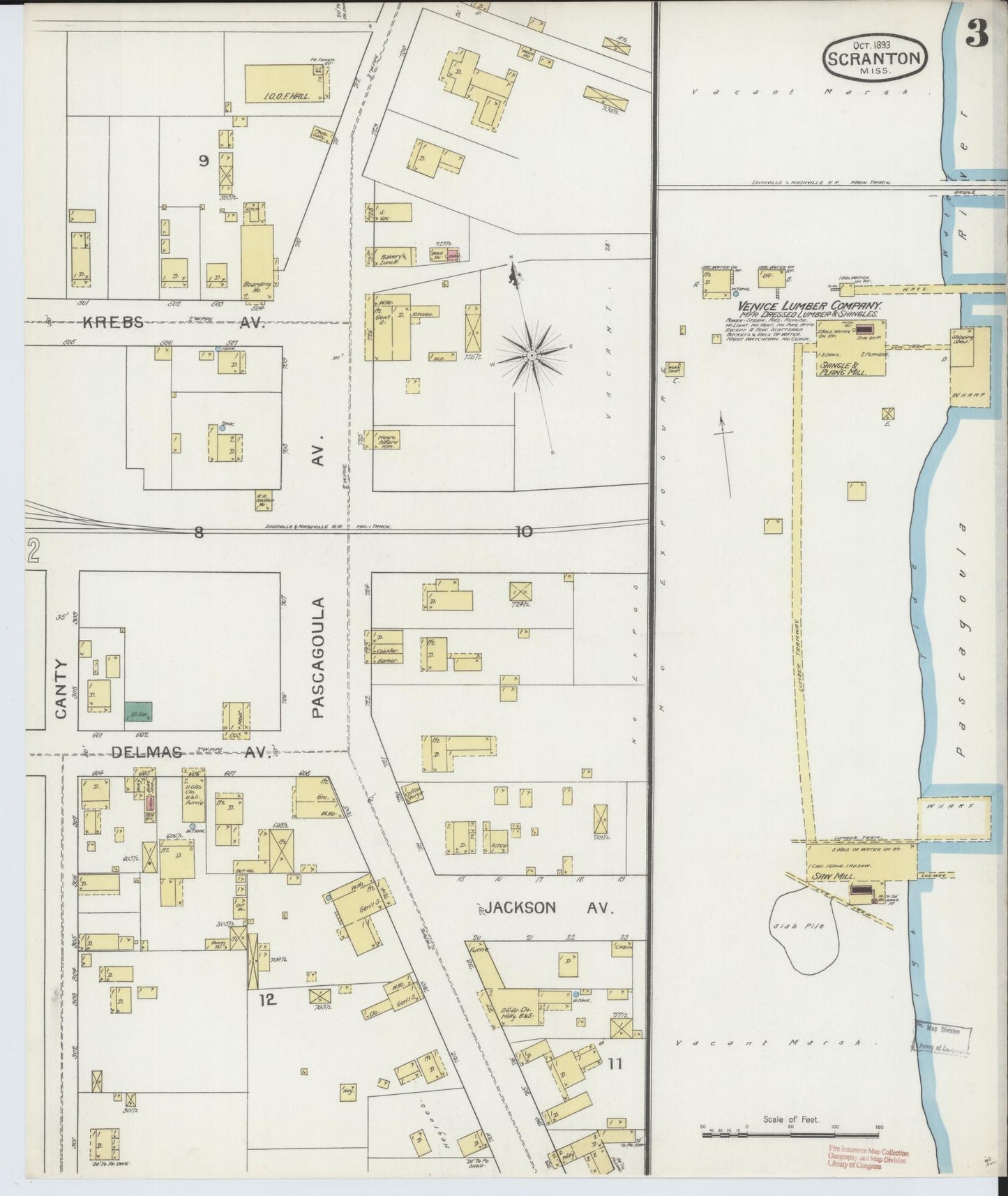 Sanborn Fire Insurance Map from Scranton, Jackson County, Mississippi (1893), Sheet #0003 - Complete Map Set gallery image, historic Sanborn map, vintage wall art, Mississippi Mississippi