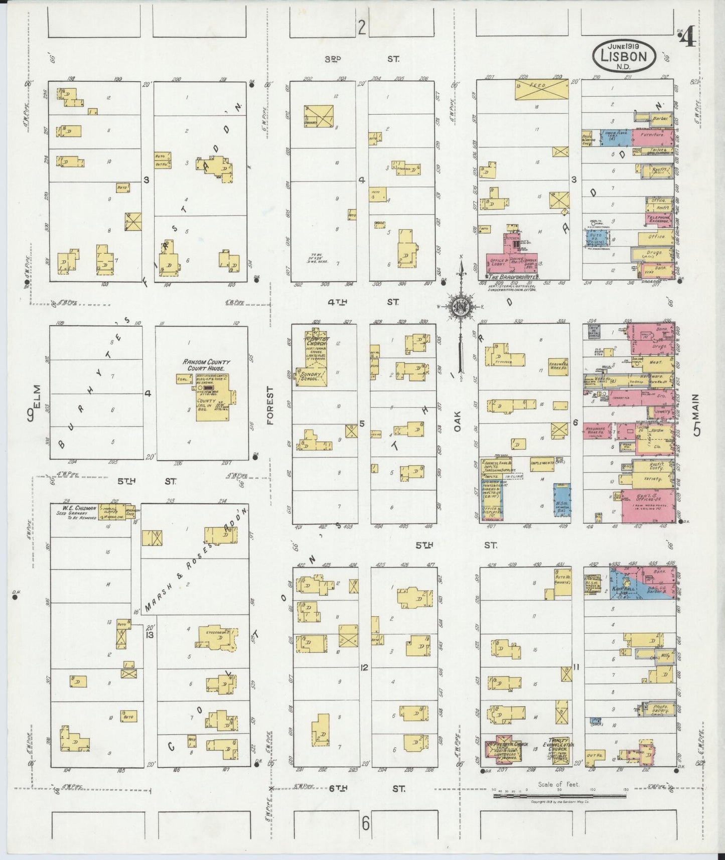 Sanborn Fire Insurance Map from Lisbon, Ransom County, North Dakota (1919), Sheet #0004 - Complete Map Set gallery image, historic Sanborn map, vintage wall art, North Dakota North Dakota