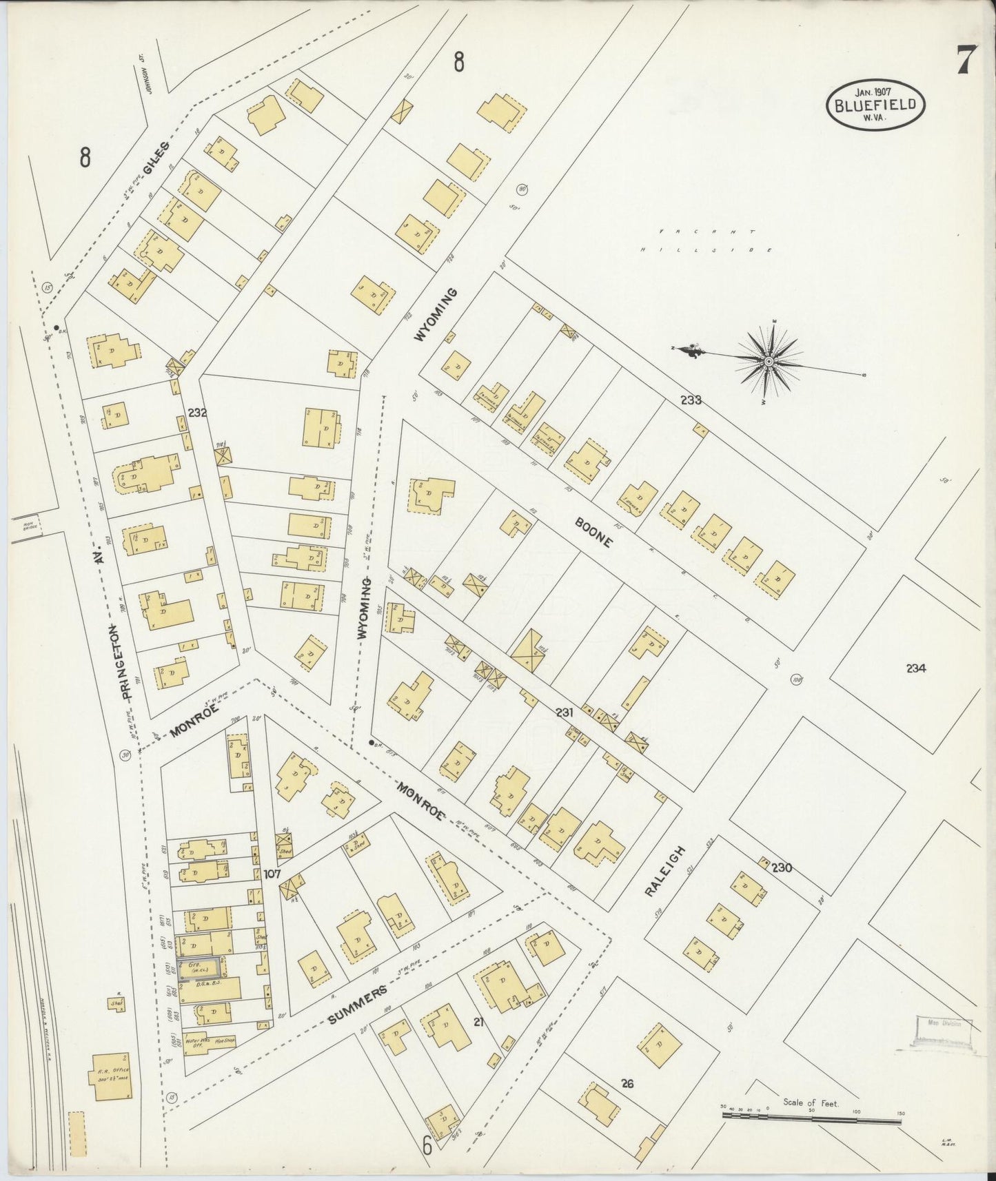 Sanborn Fire Insurance Map from Bluefield, Mercer County, West Virginia (1907), Sheet #0007 - Complete Map Set gallery image, historic Sanborn map, vintage wall art, West Virginia West Virginia