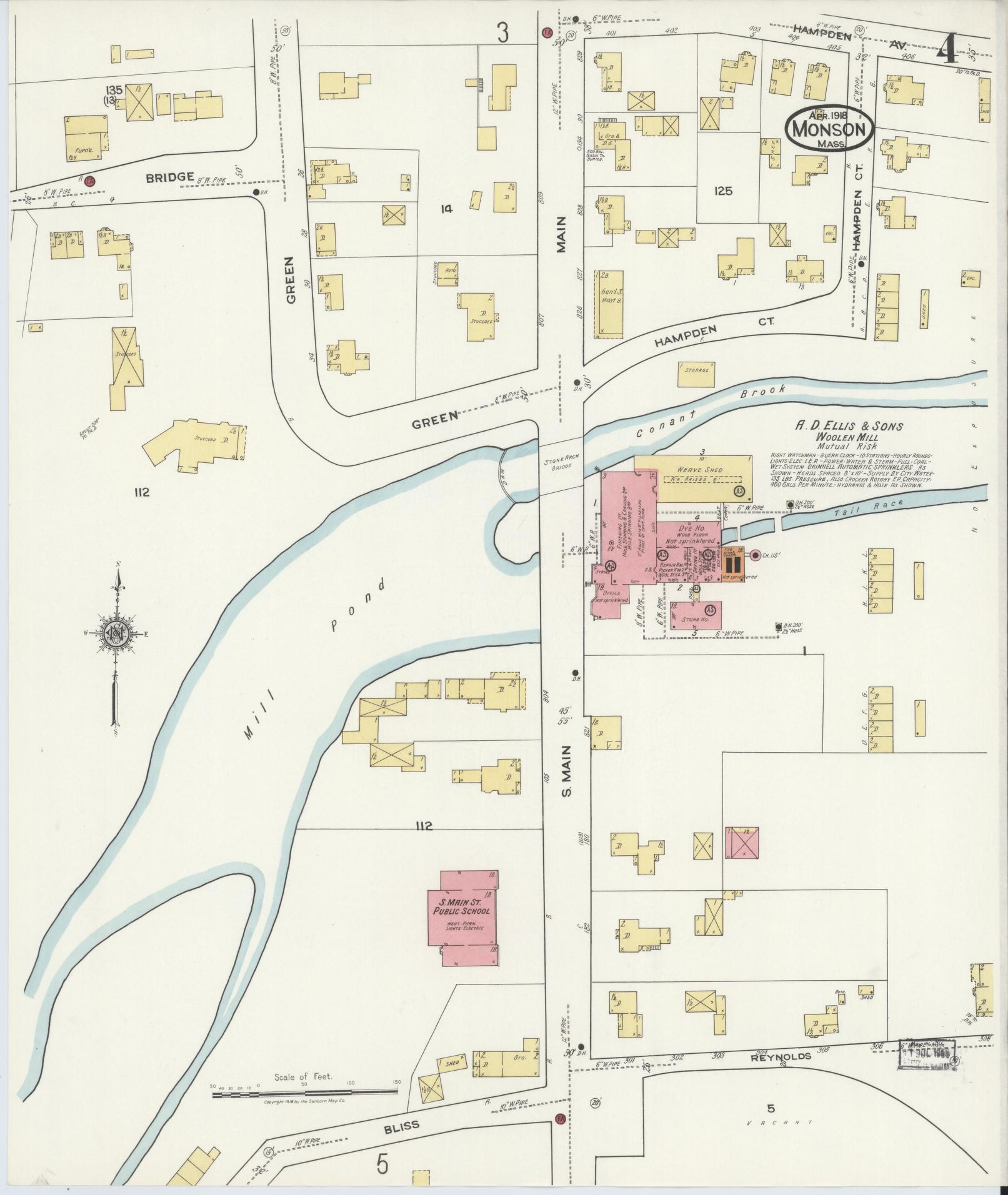 Sanborn Fire Insurance Map from Monson, Hampden County, Massachusetts (1918), Sheet #0004 - Historic Sanborn Fire Insurance Map Print, vintage old map wall art, antique decor, genealogy gift, Massachusetts Massachusetts map