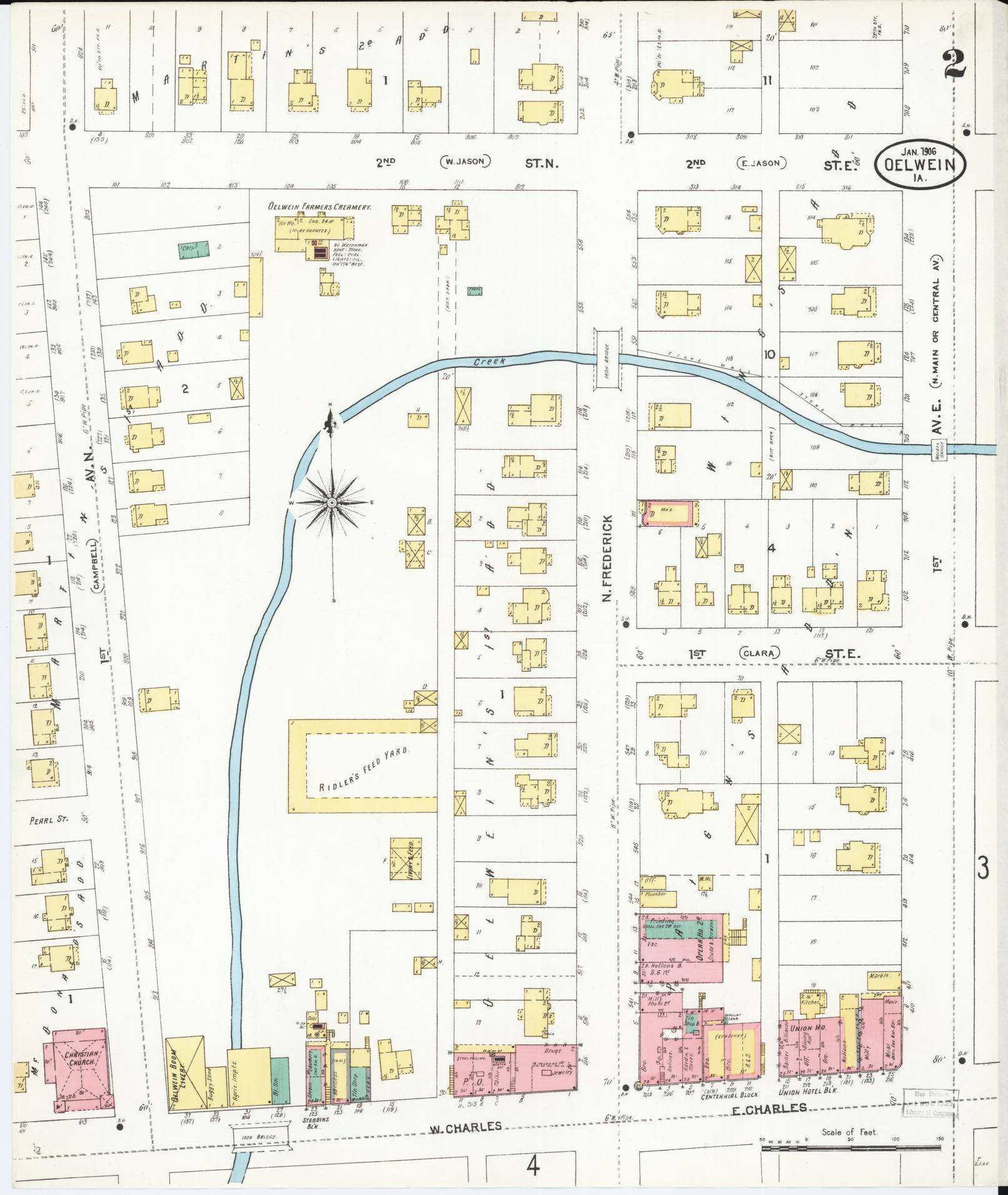 Sanborn Fire Insurance Map from Oelwein, Fayette County, Iowa (1906), Sheet #0002 - Historic Sanborn Fire Insurance Map Print, vintage old map wall art