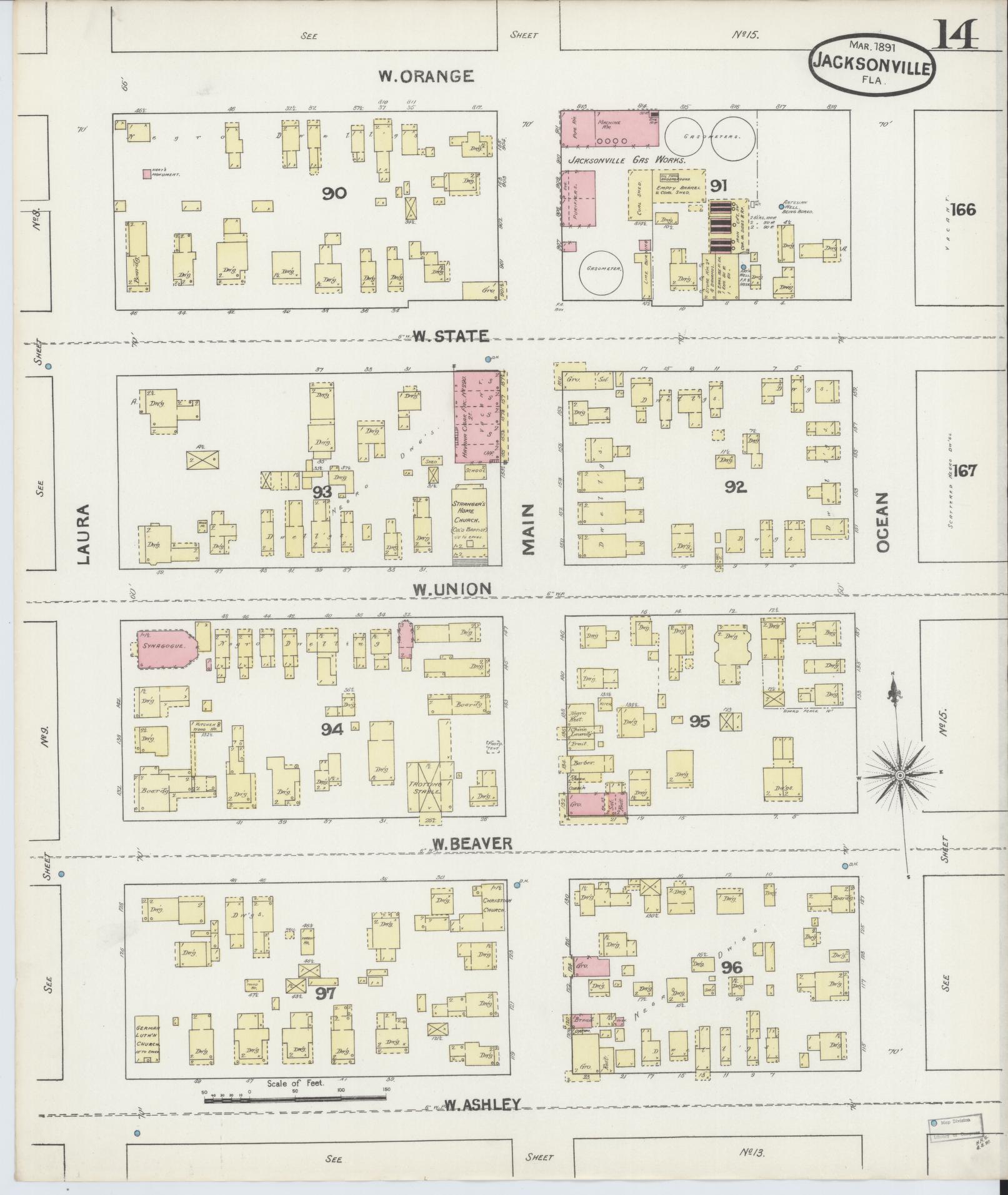 Sanborn Fire Insurance Map from Jacksonville, Duval County, Florida. (1891), Sheet 14 – Historic Sanborn Fire Insurance Map Print