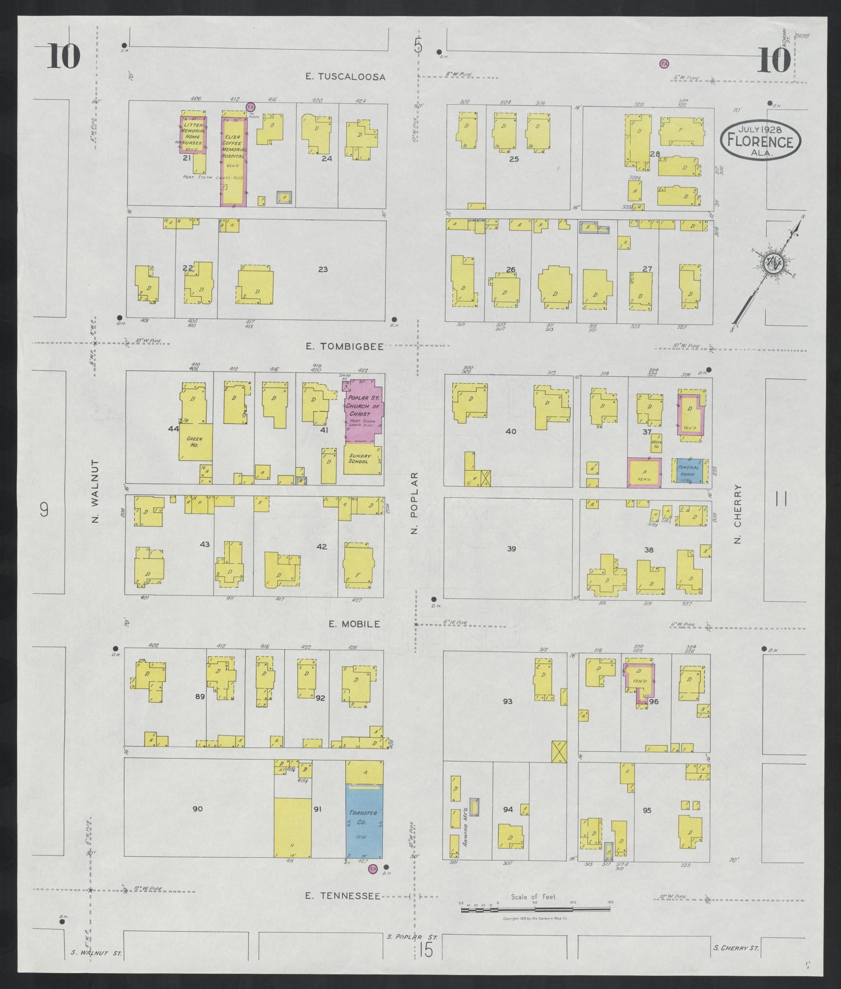 Sanborn Fire Insurance Map from Florence, Lauderdale County, Alabama (1928), Sheet #0010 - Historic Sanborn Fire Insurance Map Print, vintage old map wall art, antique decor, genealogy gift, Alabama Alabama map
