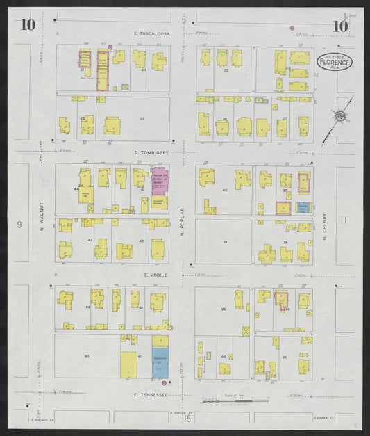 Sanborn Fire Insurance Map from Florence, Lauderdale County, Alabama (1928), Sheet #0010 - Historic Sanborn Fire Insurance Map Print, vintage old map wall art, antique decor, genealogy gift, Alabama Alabama map