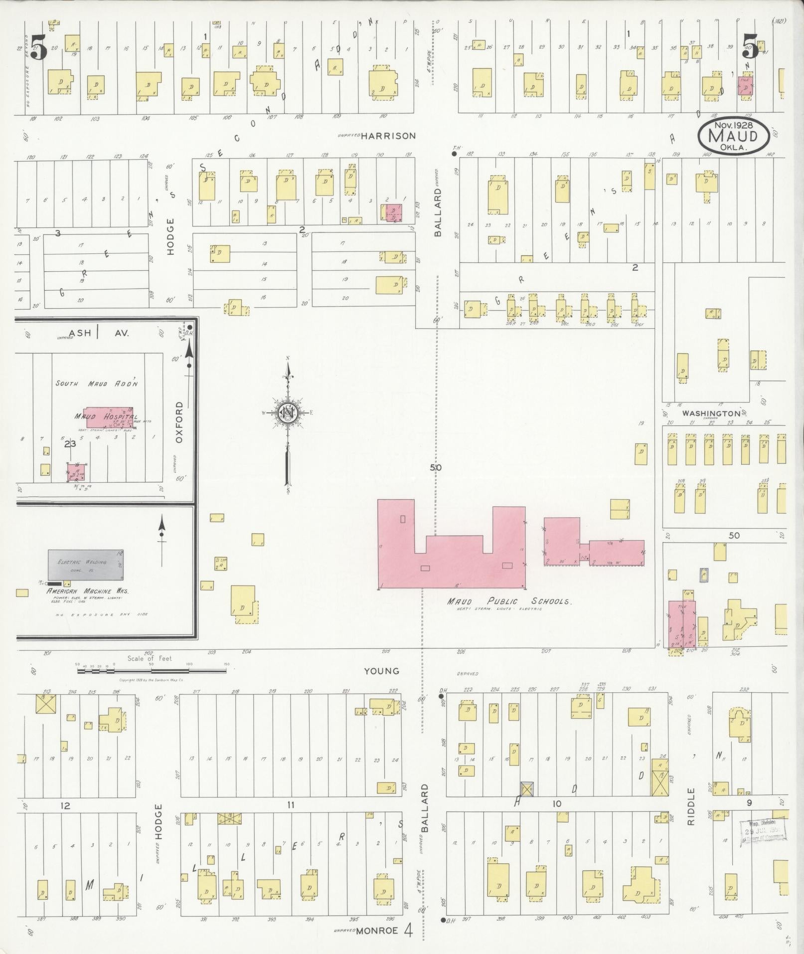 Sanborn Fire Insurance Map from Maud, Pottawatomie County, Oklahoma (1928), Sheet #0005 - Complete Map Set gallery image, historic Sanborn map, vintage wall art, Oklahoma Oklahoma