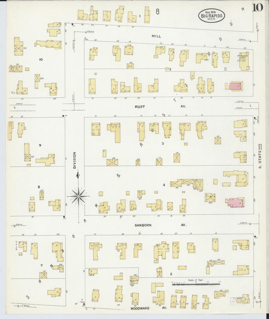 Sanborn Fire Insurance Map from Big Rapids, Mecosta County, Michigan (1908), Sheet #0010 - Historic Sanborn Fire Insurance Map Print, vintage old map wall art, antique decor, genealogy gift, Michigan Michigan map