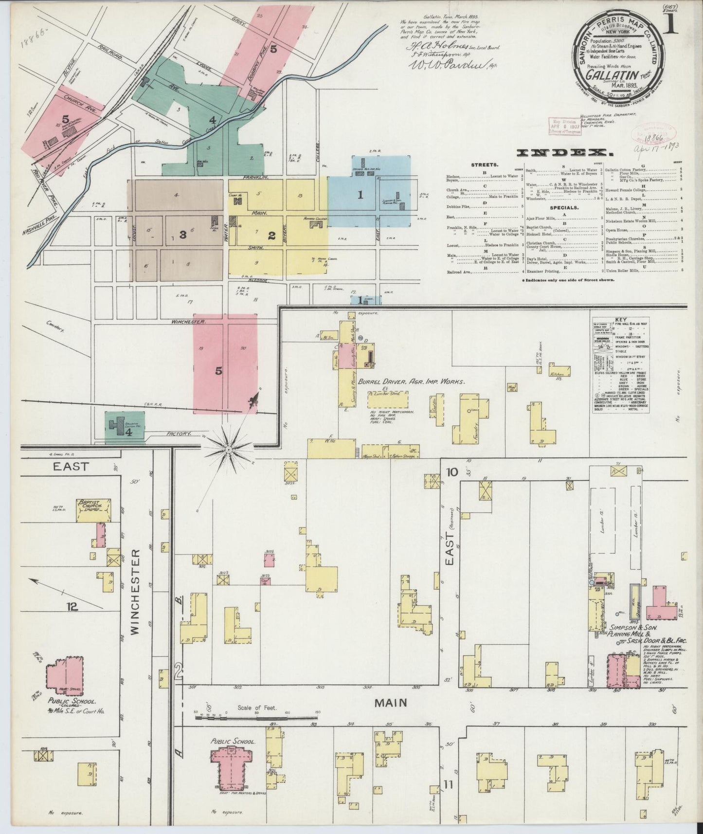 Sanborn Fire Insurance Map from Gallatin, Sumner County, Tennessee (1893), Sheet #0001 - Historic Sanborn Fire Insurance Map Print, vintage old map wall art, antique decor, genealogy gift, Tennessee Tennessee map
