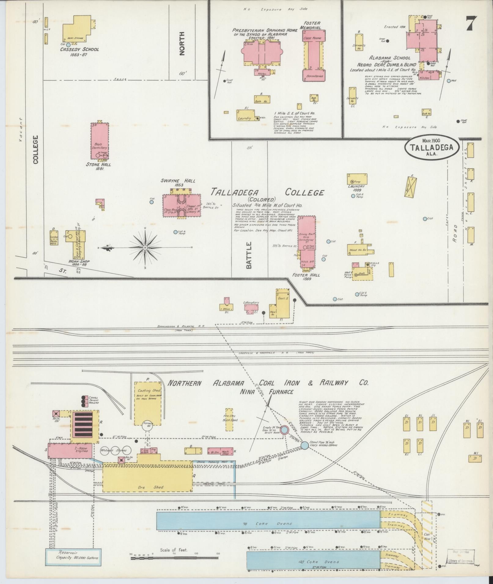 Sanborn Fire Insurance Map from Talladega, Talladega County, Alabama (1900), Sheet #0007 - Historic Sanborn Fire Insurance Map Print, vintage old map wall art, antique decor, genealogy gift, Alabama Alabama map