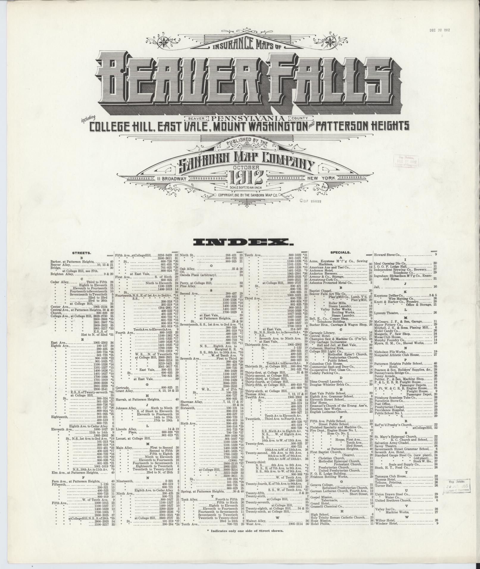 Sanborn Fire Insurance Map from Beaver Falls, Beaver County, Pennsylvania (1912), Sheet #0001 - Historic Sanborn Fire Insurance Map Print, vintage old map wall art, antique decor, genealogy gift, Pennsylvania Pennsylvania map