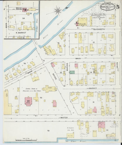 Sanborn Fire Insurance Map from Marine City, Saint Clair County, Michigan (1895), Sheet #0005 - Historic Sanborn Fire Insurance Map Print, vintage old map wall art, antique decor, genealogy gift, Michigan Michigan map