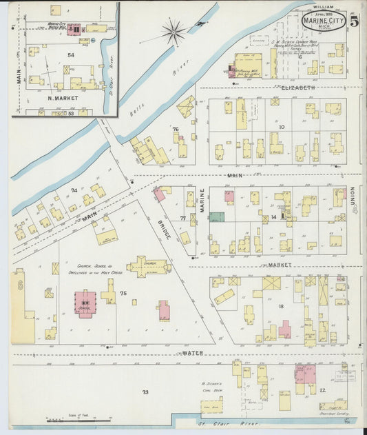 Sanborn Fire Insurance Map from Marine City, Saint Clair County, Michigan (1895), Sheet #0005 - Historic Sanborn Fire Insurance Map Print, vintage old map wall art, antique decor, genealogy gift, Michigan Michigan map