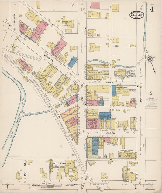 Sanborn Fire Insurance Map from Oakland, Garrett County, Maryland (1921), Sheet #0004 - Historic Sanborn Fire Insurance Map Print, vintage old map wall art, antique decor, genealogy gift, Maryland Maryland map