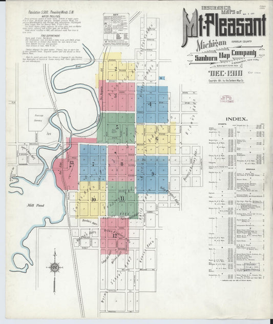 Sanborn Fire Insurance Map from Mount Pleasant, Isabella County, Michigan (1910), Sheet #0001 - Historic Sanborn Fire Insurance Map Print, vintage old map wall art, antique decor, genealogy gift, Michigan Michigan map