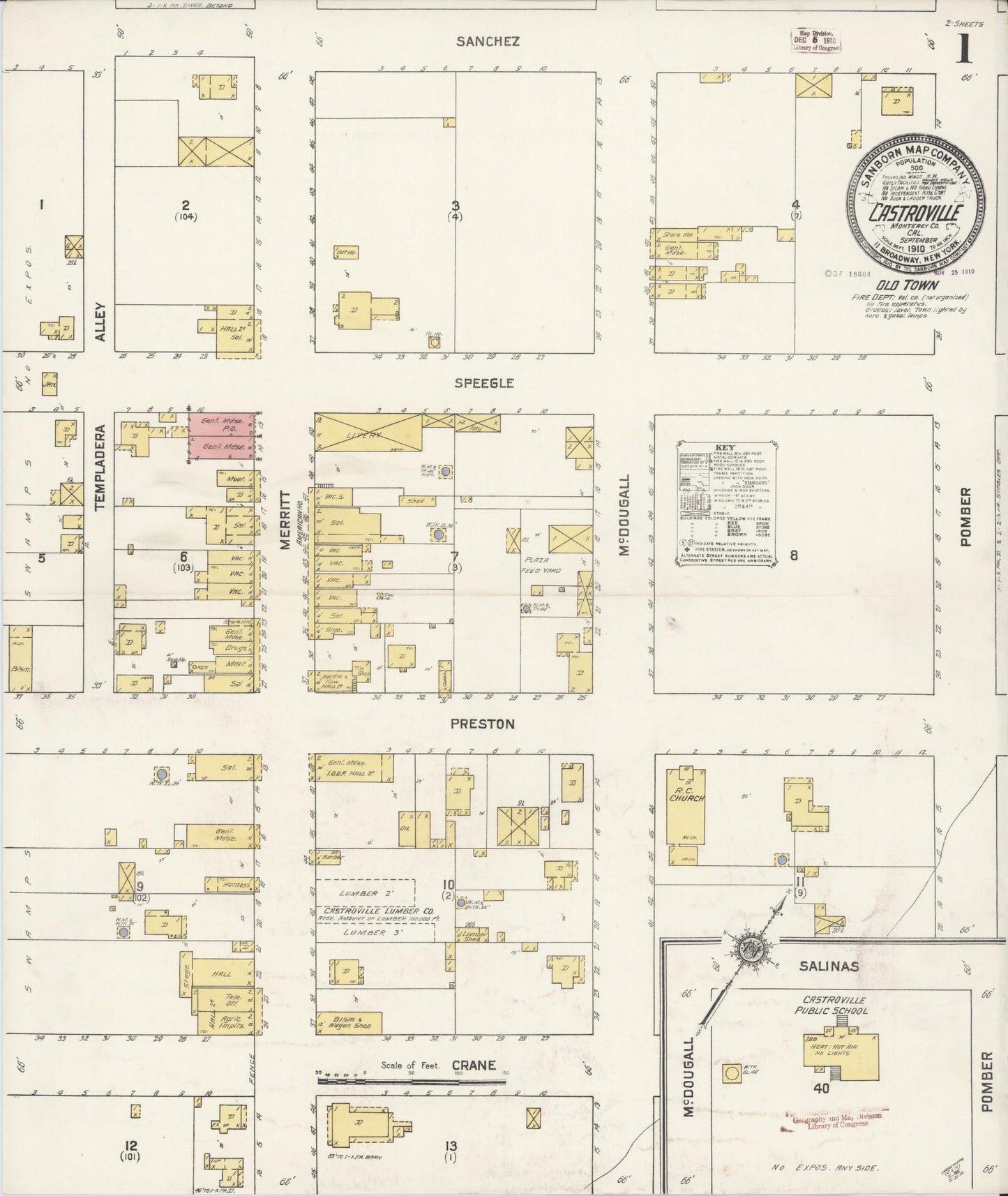 Sanborn Fire Insurance Map from Castroville, Monterey County, California (1910), Sheet #0001 - Complete Map Set gallery image, historic Sanborn map, vintage wall art, California California