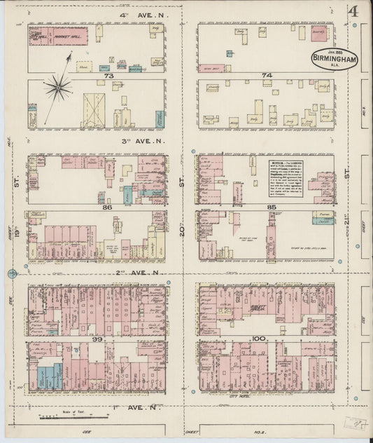Sanborn Fire Insurance Map from Birmingham, Jefferson County, Alabama (1885), Sheet #0004 - Historic Sanborn Fire Insurance Map Print, vintage old map wall art, antique decor, genealogy gift, Alabama Alabama map