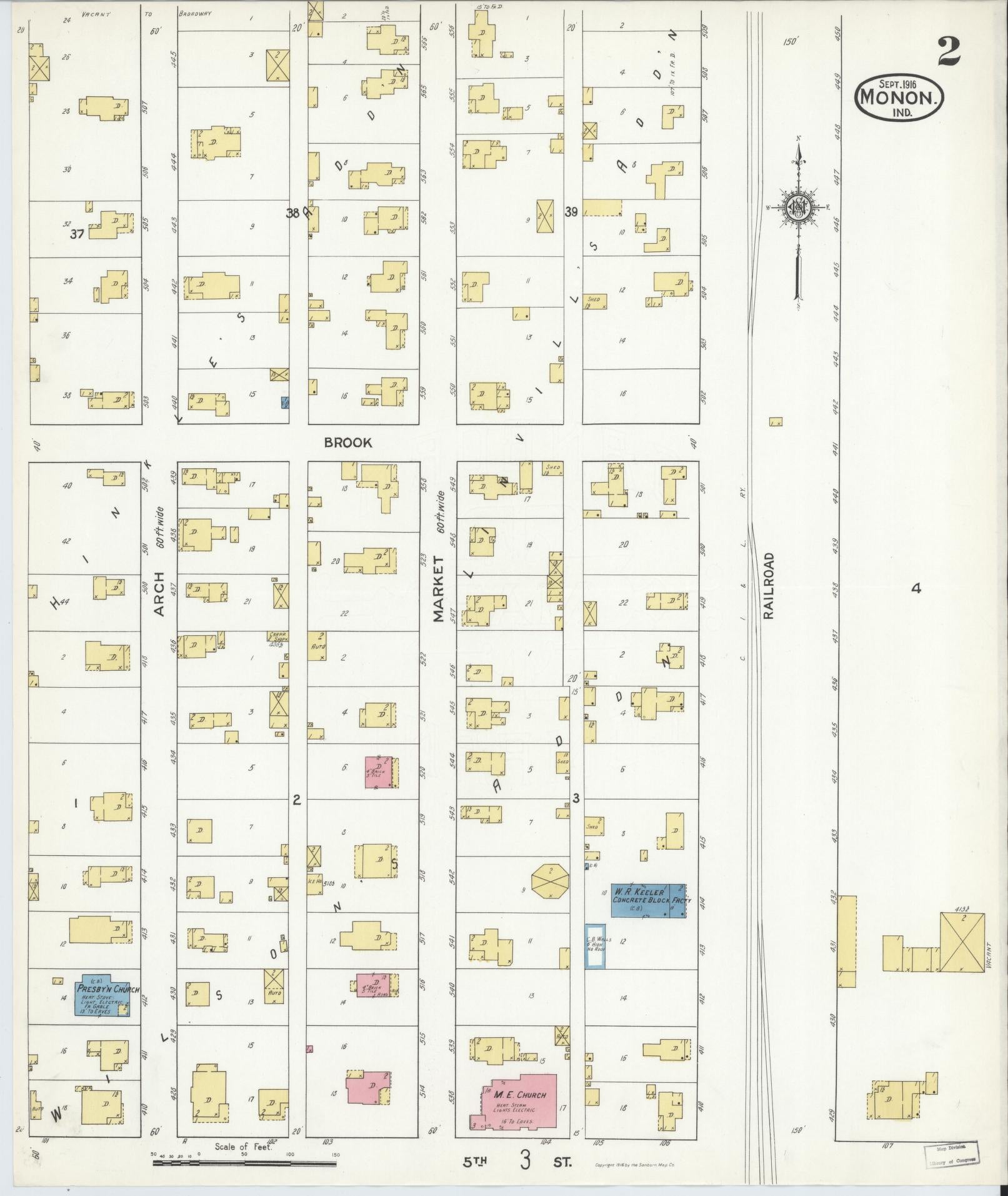 Sanborn Fire Insurance Map from Monon, White County, Indiana (1916), Sheet #0002 - Historic Sanborn Fire Insurance Map Print, vintage old map wall art, antique decor, genealogy gift, Indiana Indiana map