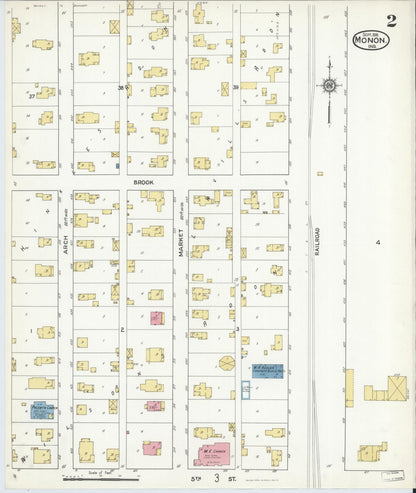 Sanborn Fire Insurance Map from Monon, White County, Indiana (1916), Sheet #0002 - Historic Sanborn Fire Insurance Map Print, vintage old map wall art, antique decor, genealogy gift, Indiana Indiana map