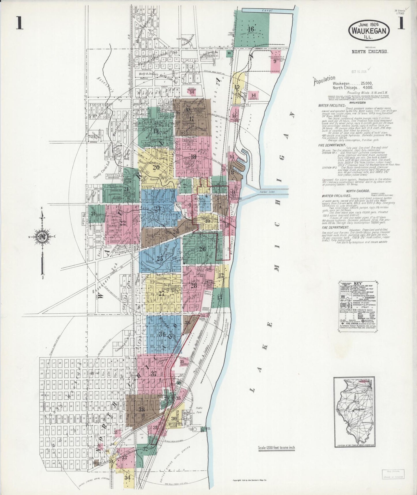 Sanborn Fire Insurance Map from Waukegan, Lake County, Illinois (1924), Sheet #0001 - Historic Sanborn Fire Insurance Map Print, vintage old map wall art, antique decor, genealogy gift, Illinois Illinois map