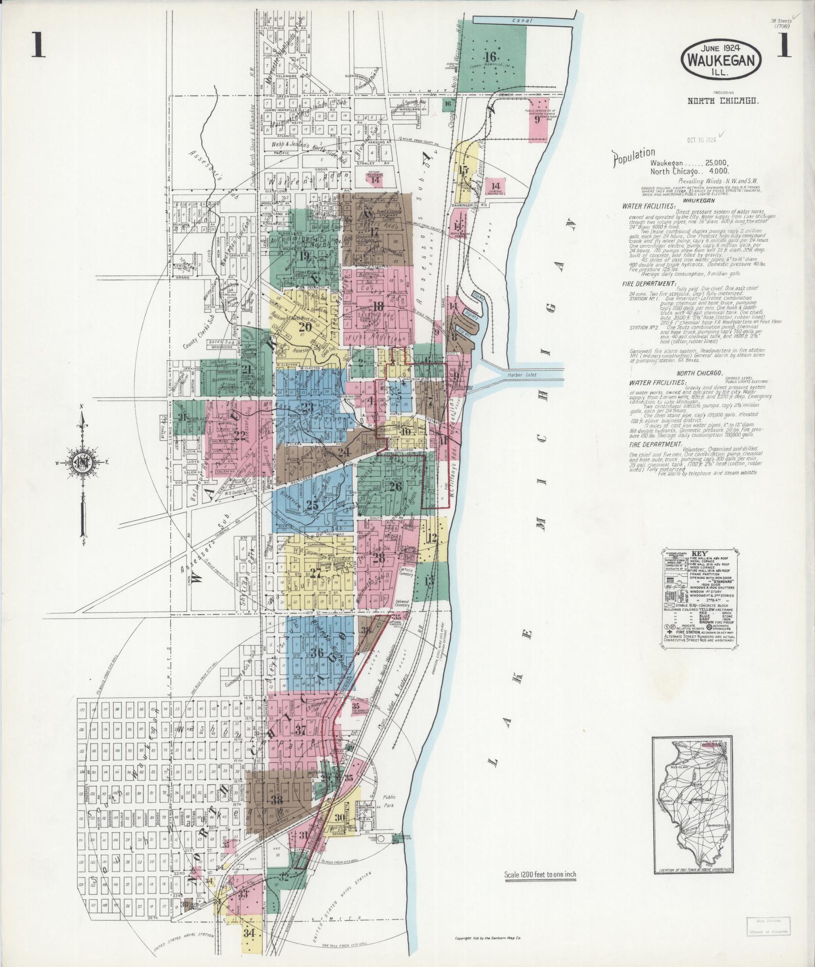 Sanborn Fire Insurance Map from Waukegan, Lake County, Illinois (1924), Sheet #0001 - Historic Sanborn Fire Insurance Map Print, vintage old map wall art, antique decor, genealogy gift, Illinois Illinois map